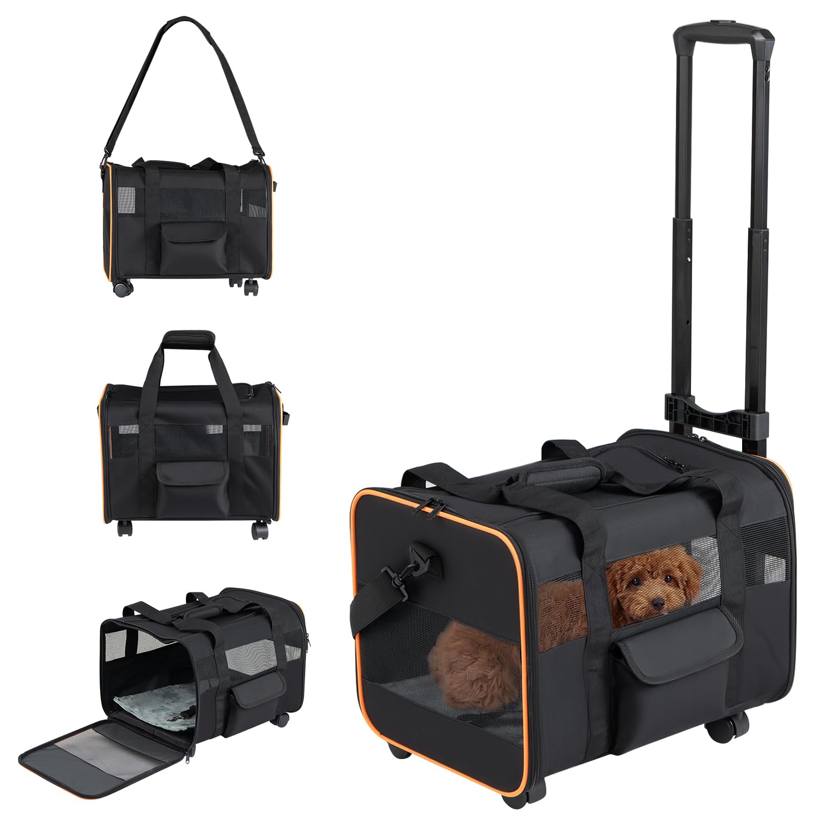 GYMAX Pet Carrier With Wheels, Foldable Soft-sided Dog Travel Crate with Telescopic Handle, Shoulder Strap, Washable Pad, Safety Leash & Storage Pocket, Rolling Cat Carrier (Black,43 x 33 x 32cm)