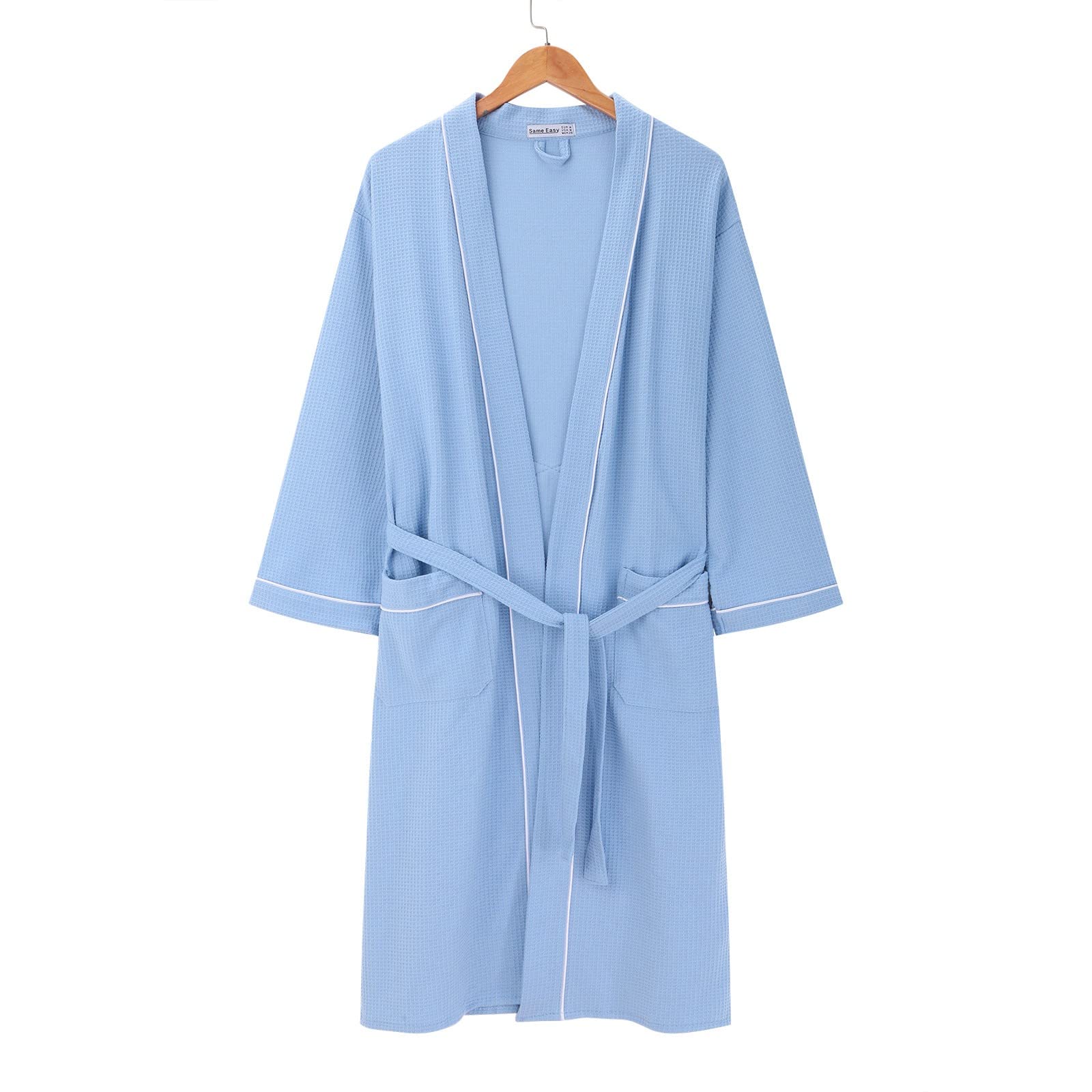 Generisch Accappatoio da donna lungo, in maglia, leggero e morbido, per ore di relax a casa, abbigliamento elegante con cintura, tessuto facile da pulire (azzurro, M)