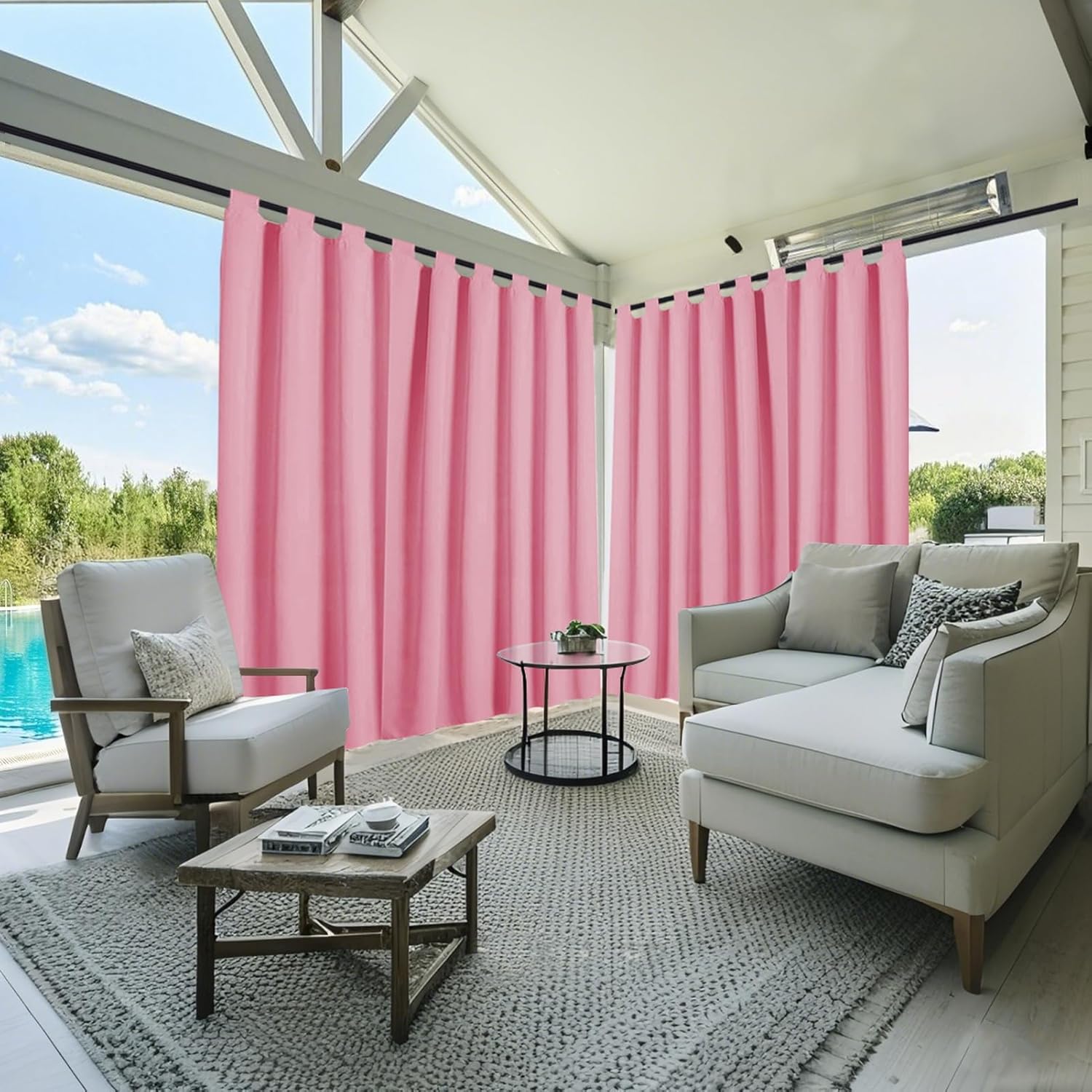 SK Studio Waterproof Outdoor Curtains for Patio, Windproof Tab Top Curtain Privacy Sun Blocking Outside Panels for Porch, Pergola, Gazebo, Cabana, Pavilion, 2 Panels, Pink, 52" W x 120" L
