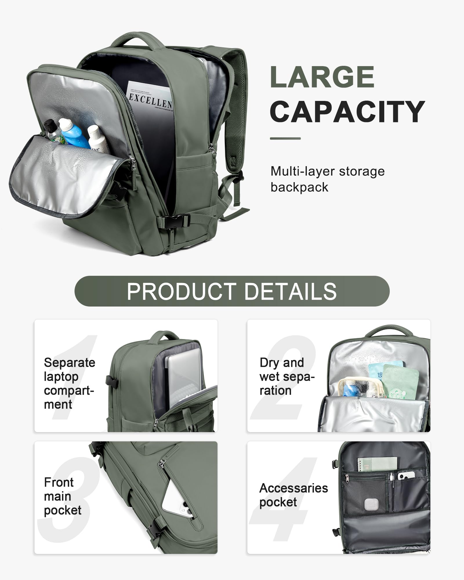 Zaino da Viaggio per Easyjet 45x36x20 Bagaglio a Mano Zaino Borse da Cabina per Easyjet Il Sedile Zaino Aereo Bagaglio a Mano Donna Borsa Cabina Viaggio Zaino Viaggio Casual Daypack,esercito verde