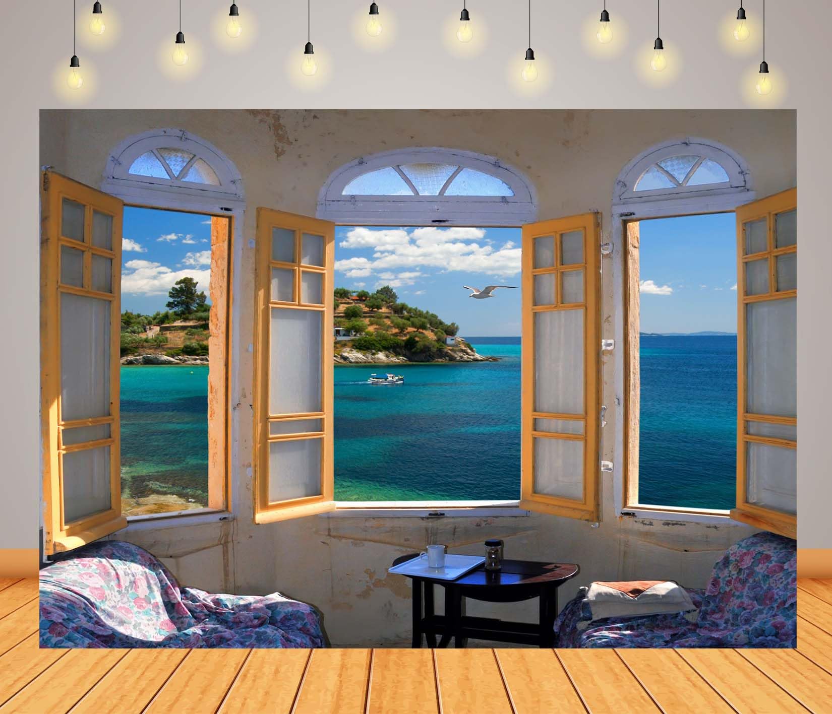 Tessuto 5,2x3m (17x10FT) Stanza con Vista Mare Sfondo Finestre Aperte Interno Costiero Scenario Fotografico per Estate Matrimonio Ritratto Adulti