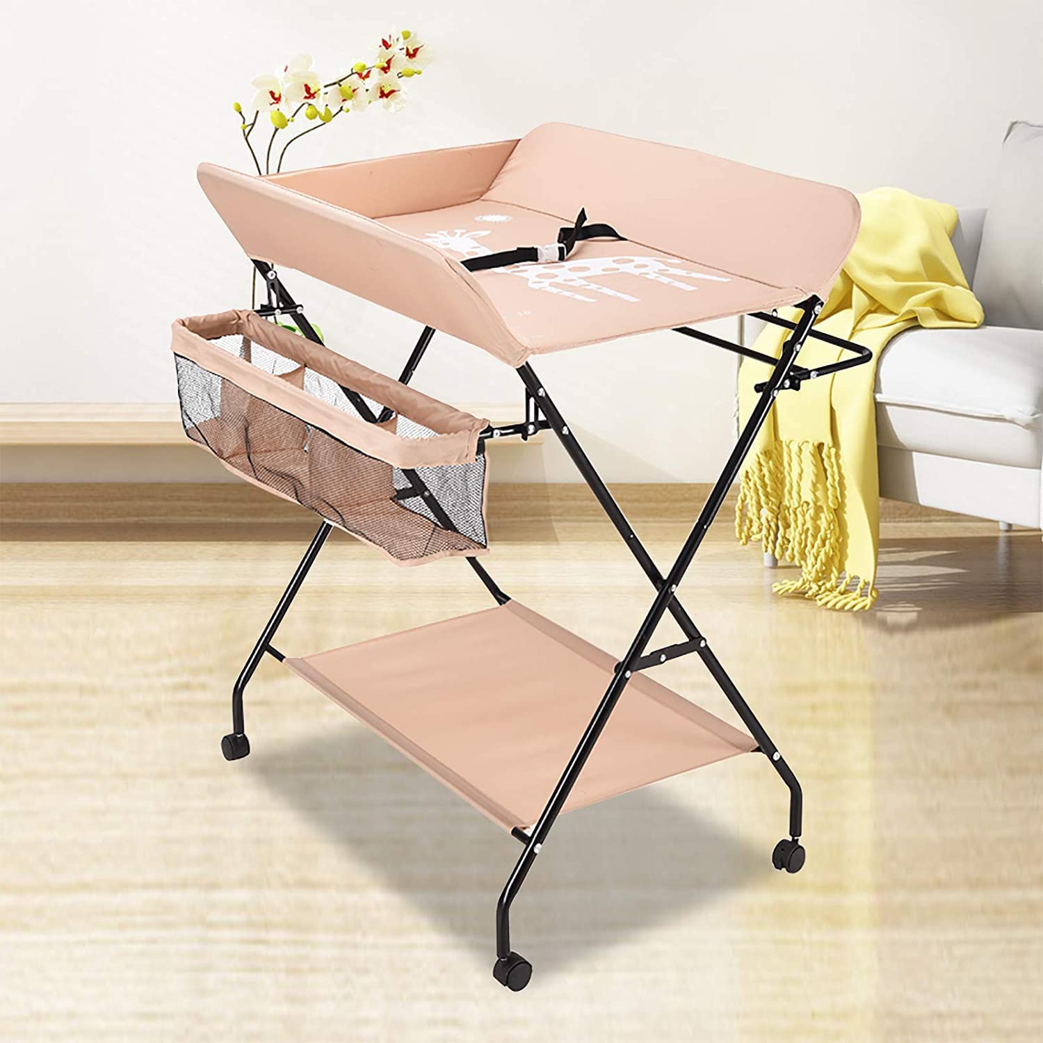 Fasciatoio Pieghevole per Neonato con Struttura Stabile,Fasciatoio per Bambini, Salva Spazio, per Cambio Pannolino,4 ruote con freno,con Scomparti Portaoggetti (80 * 66 * 98 cm rosa)
