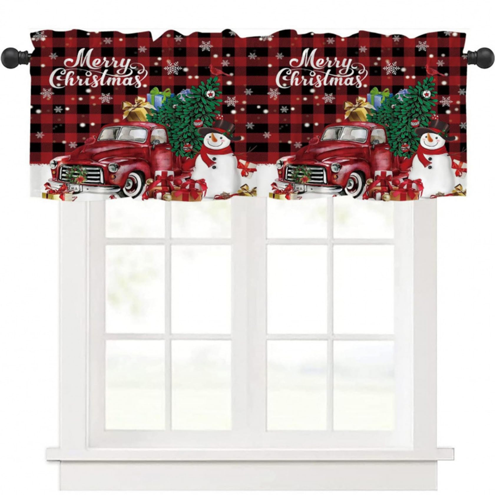 CAKEEYUM Christmas Valances for Windows 54 x 18in Snowman Car Snowflake Christmas Kitchen Curtains, Rod Pocket Short Window Valances for Kitchen Living Room Bedroom Curtains, Valance Curt