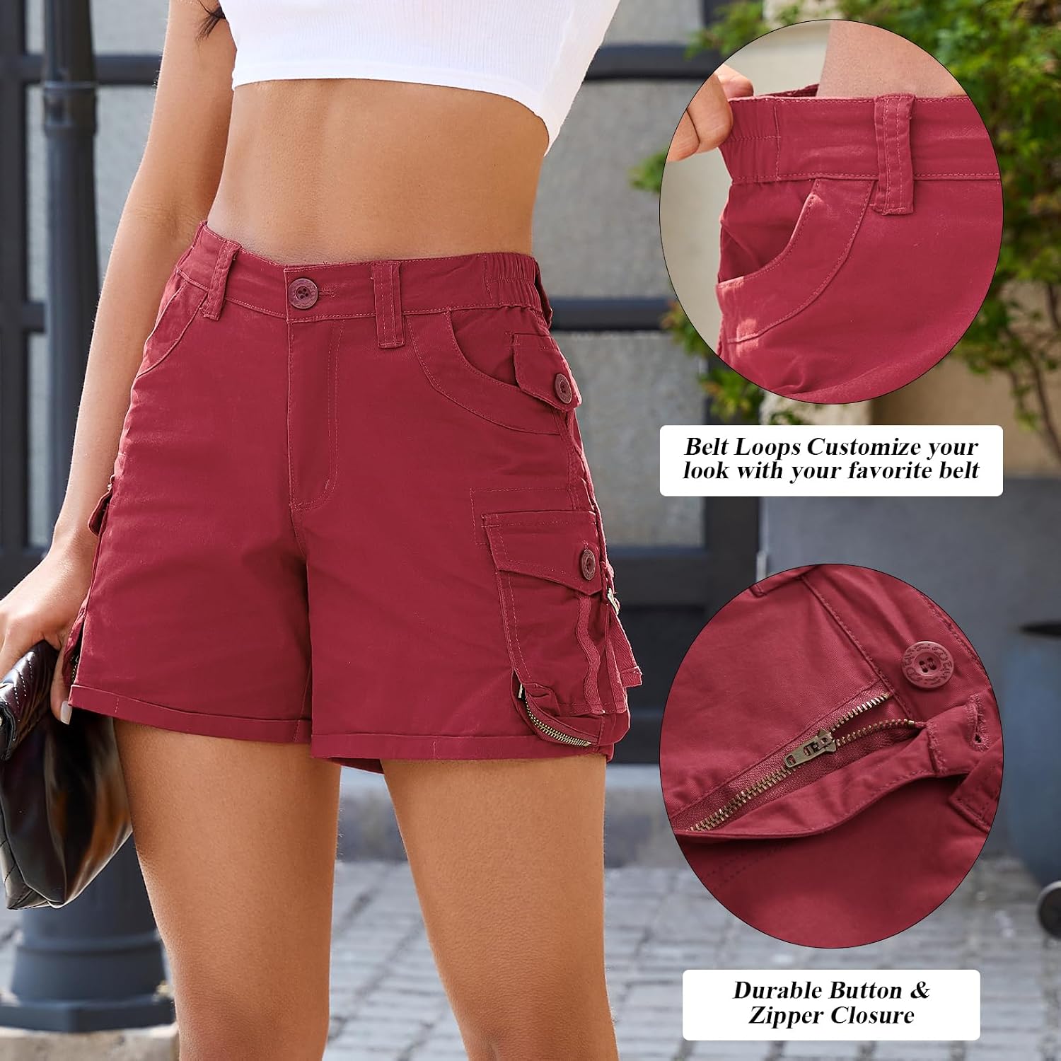Cargo Shorts for Women Trendy Casual Summer High Waisted Shorts Elastic Waist Comfy Shorts with Utility Pockets
