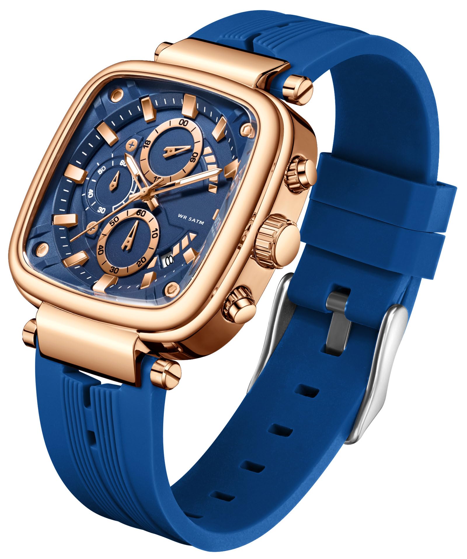 Analoge Herrenuhr Rechteckig Quarz Armbanduhr Herren Wasserdicht Beleuchtung mit 3 Zifferblatt 6 Zeiger Chronograph Stoppuhr Datum Anzeig Cooles Quadratisches Design Retro Weiß Gold