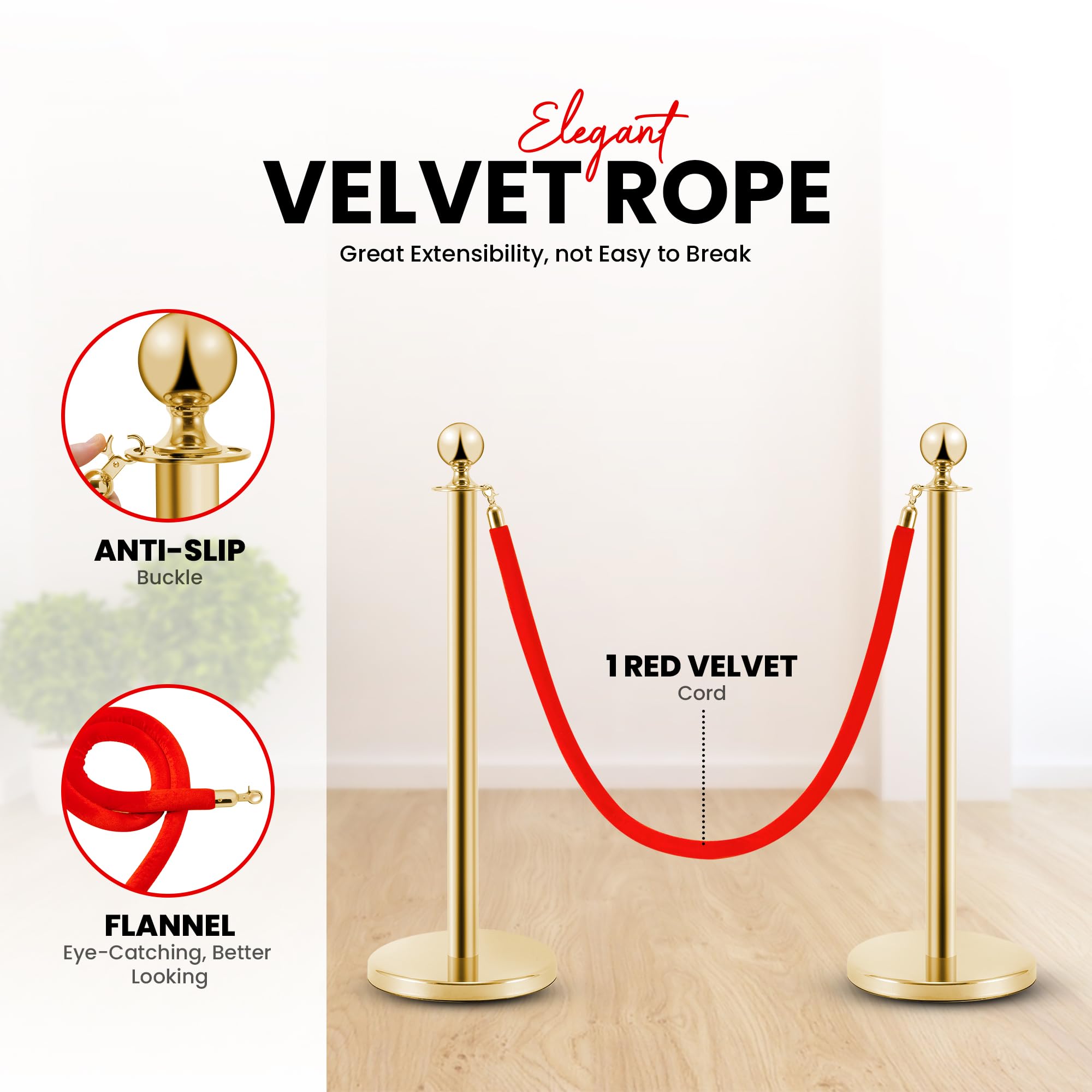 Pali distanziatori in acciaio inox dorato 2 pezzi, altezza 90 cm, argento con corda di velluto rosso da 1,5 m, collegamento a 4 vie, base di diametro 31 cm, controllo della folla