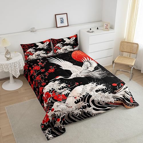 Miniatura 3 de Juego de edredón para niños con grúa de estilo japonés, tamaño Queen, juego de ropa de cama retro con flores de cerezo japonés Ukiyo-e con olas del