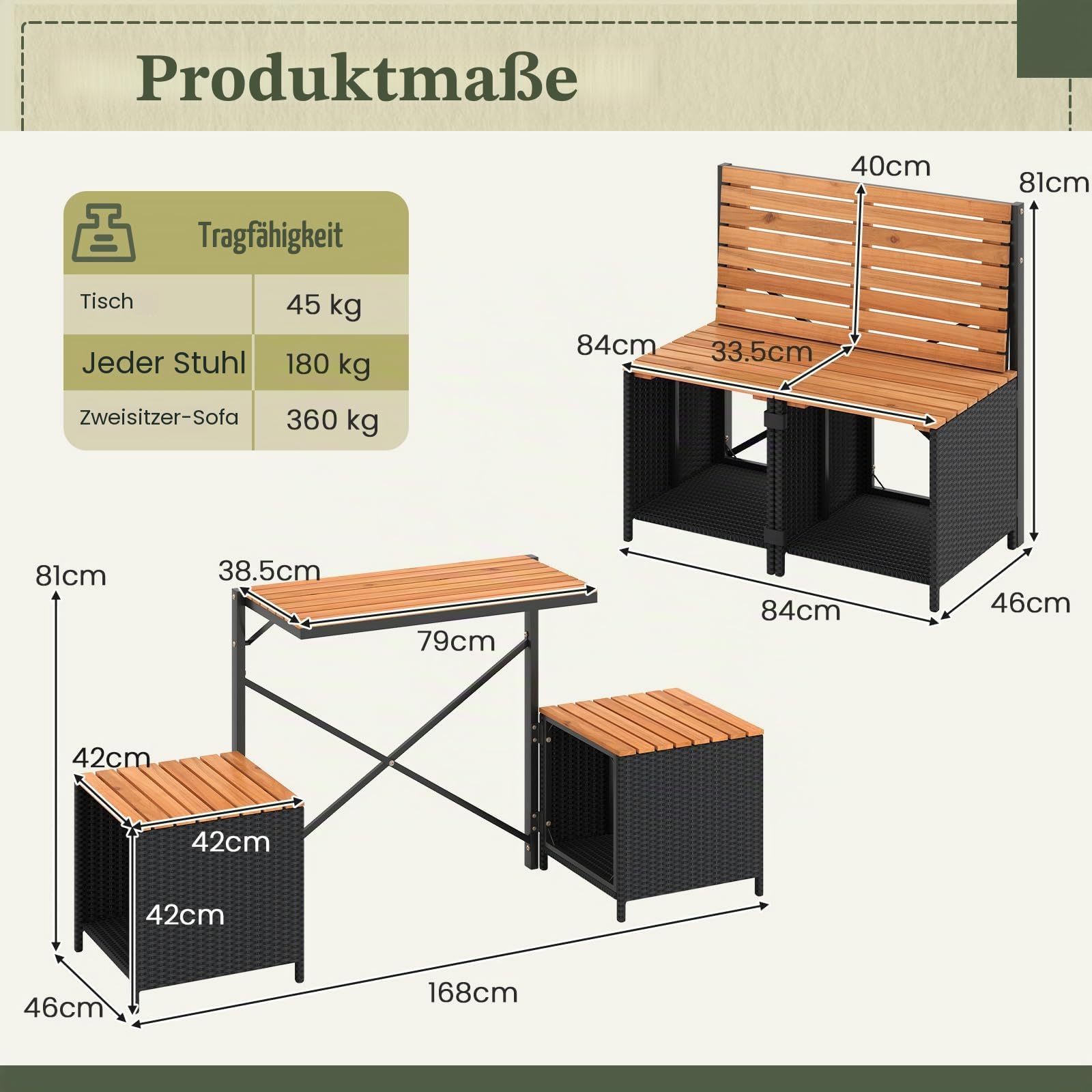 FANTASK 2 in 1 Gartenbank, wandelbarer Outdoor-Bank & Picknicktisch, Balkonmöbel Kleiner, Balkonset Sitzgruppe für Garten, Terrasse