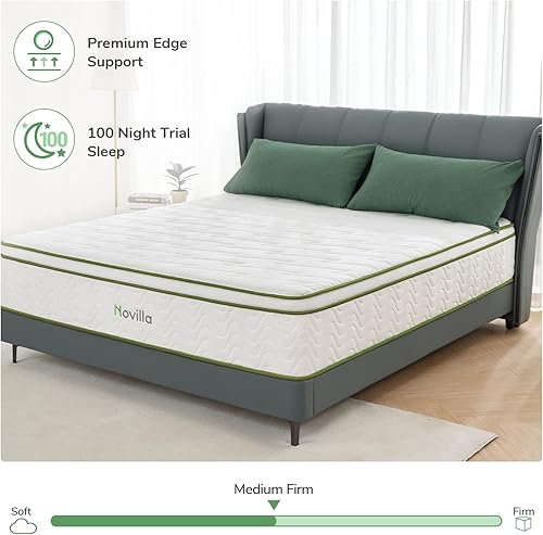 Miniatura 4 de Novilla Colchón de tamaño Queen, colchón híbrido de espuma viscoelástica de 10 pulgadas con bobina de bolsillo para un apoyo duradero y aislamiento