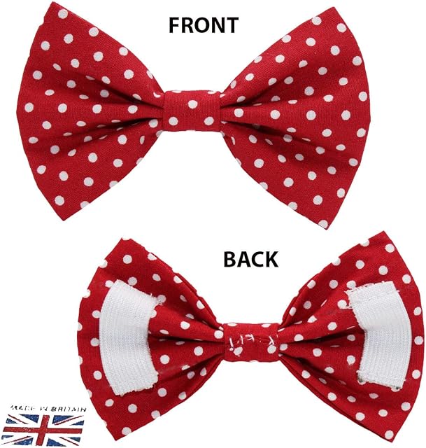 New Dogs Bow Tie Bowtie Dots RED Cotton Elastic Band attach COLLAR ACCESSORY Handmade UK (Small, red dots)