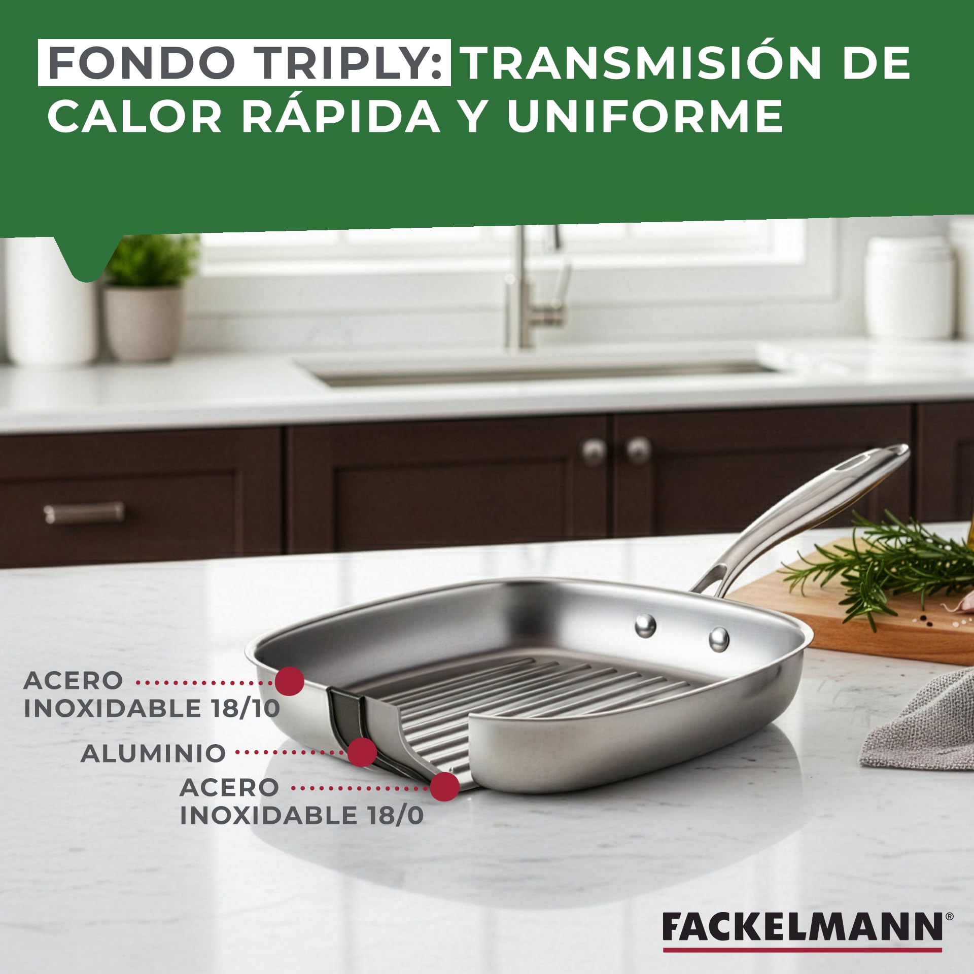 Fackelmann Vita3 Sartén Grill de Acero Inoxidable 28 cm, Acero Inoxidable Triply con Triple Fondo Difusor, Sin Antiadherente, Sin PFA, Apta para Inducción, Gas, Vitro y Horno, Apto Lavavajillas
