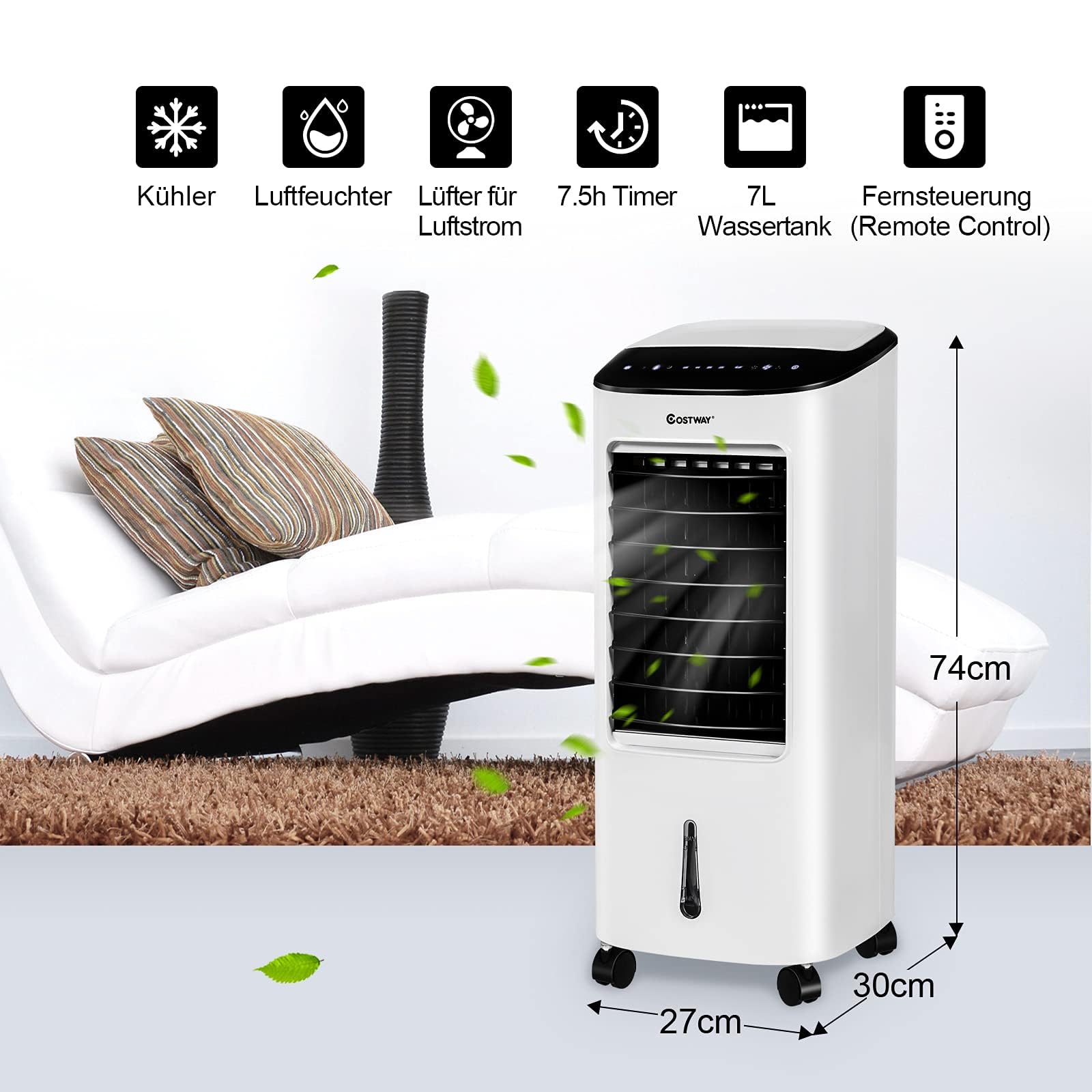 COSTWAY mobile Klimaanlage ohne Abluftschlauch inkl. 2 Kühlakkus | 3 in 1 Klimagerät Luftkühler Luftbefeuchter 75W / 7L Tank / 8H Timer / Fernbedienung / 2 Kühlakkus / 3 Stufen