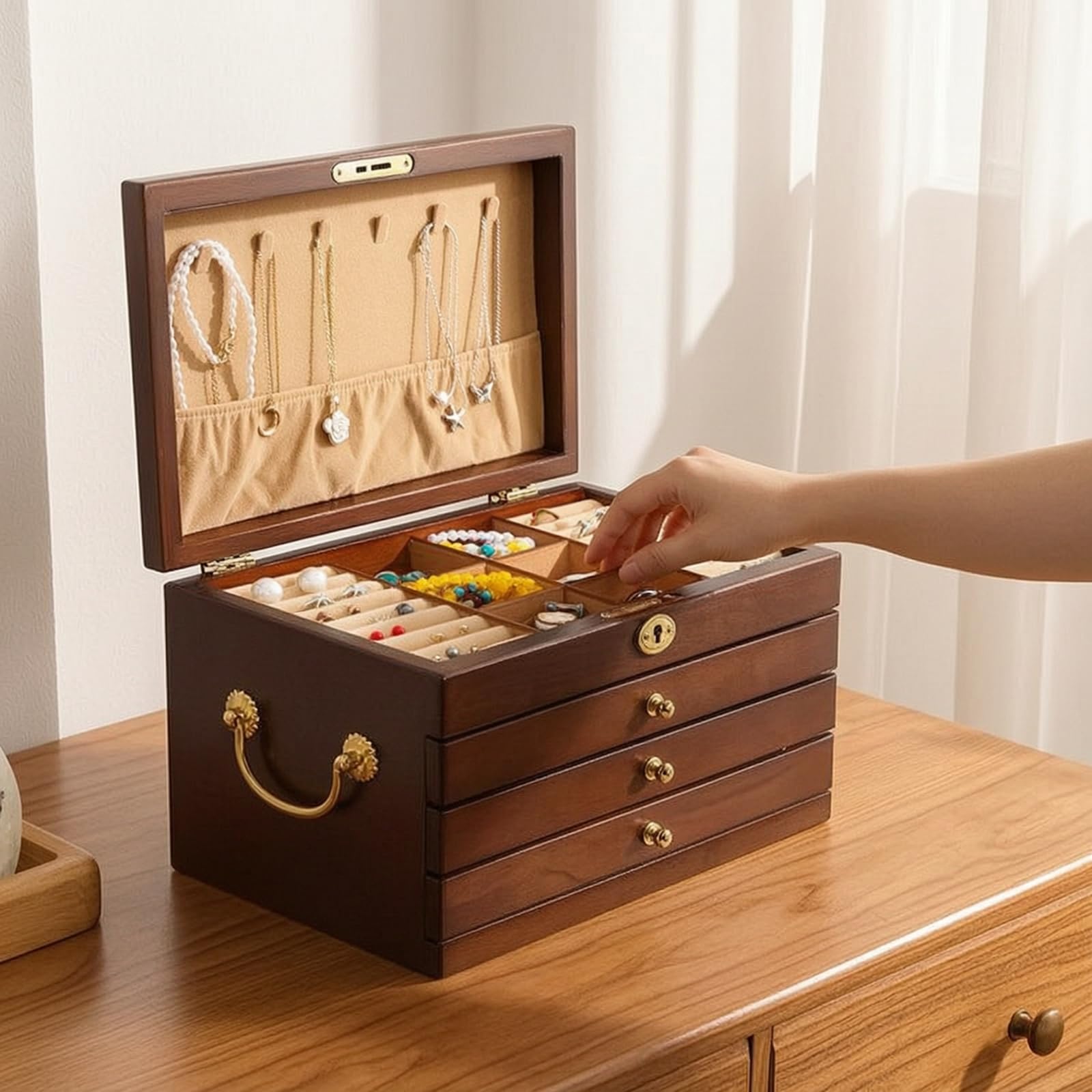 Organizer Gioielli Scatola Porta Gioie Cofanetto Cassettiera Legno Multilivello con Cassetti E Scomparti Foderati Ferramenta Resistente E Coperchio, Velvet Hook W Lock