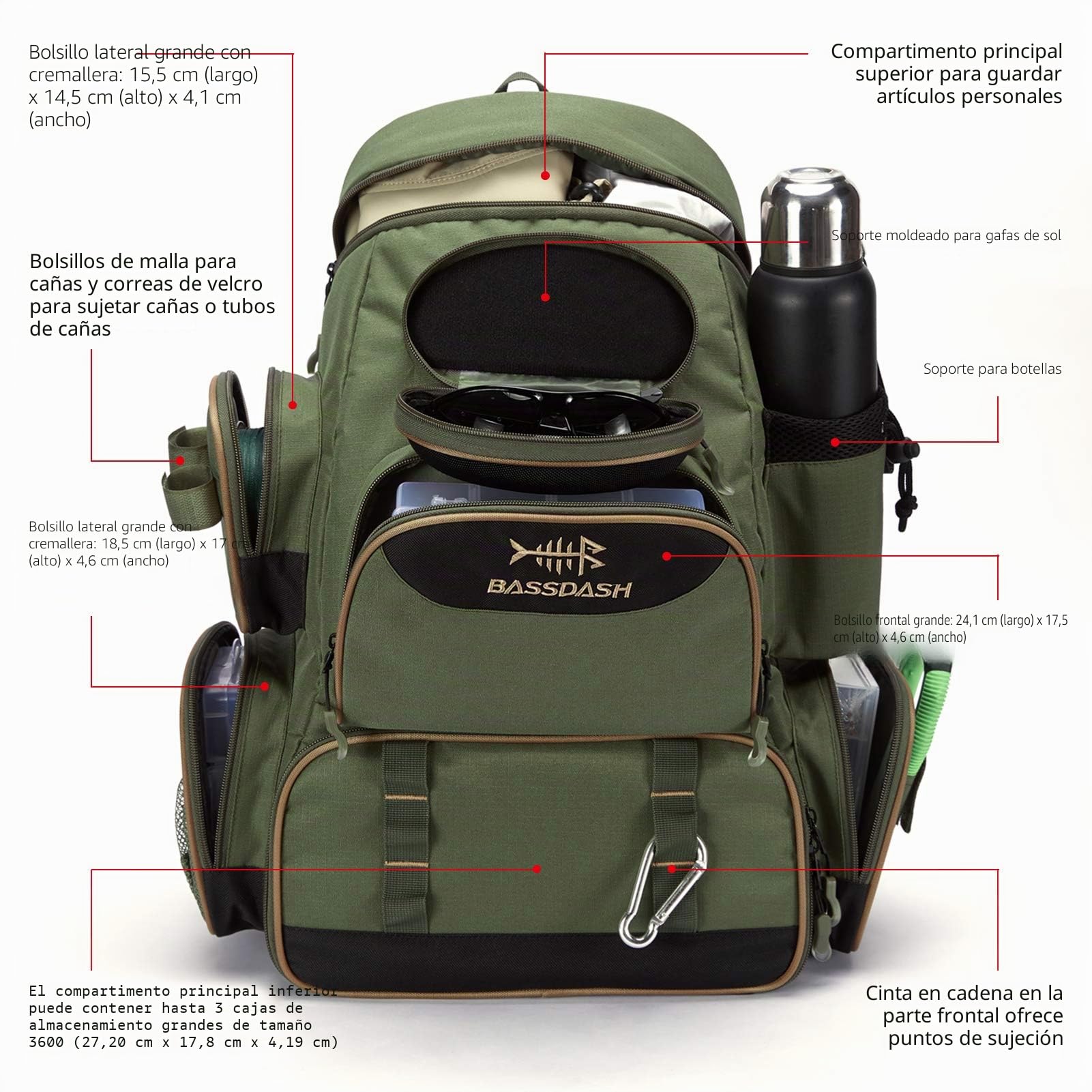 Bassdash Mochila de Pesca Bolsa táctica Ligera Resistente al Agua, Estuche de Pesca con portacañas y Cubierta Protectora contra la Lluvia