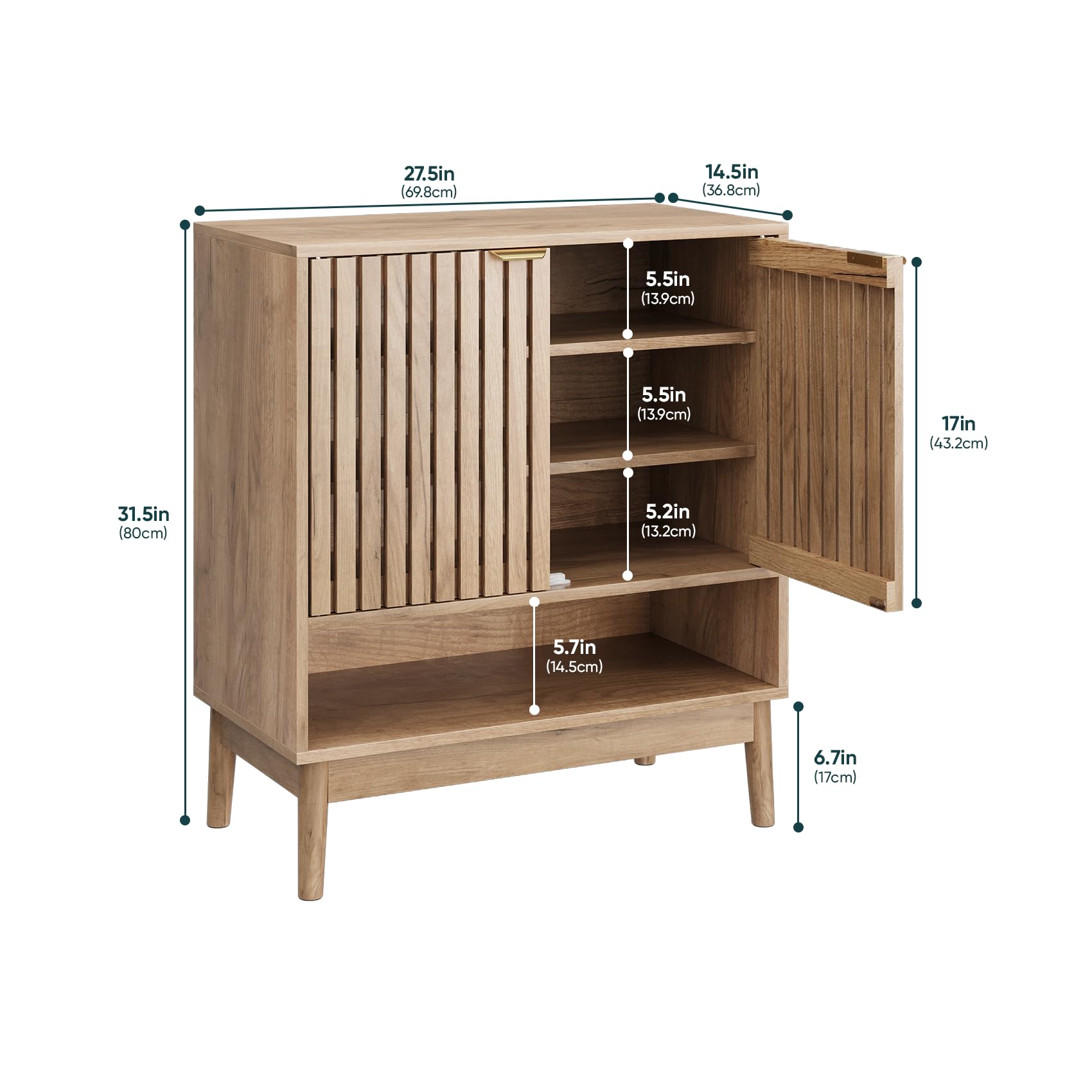 Kiasthome Zapatero de Madera con Estantes Ajustables, Organizador de Zapatos con Puertas Rejilladas, Mueble Zapatero para Entrada, Pasillo y Salón, Diseño Moderno (Madera Natural, 70 cm)