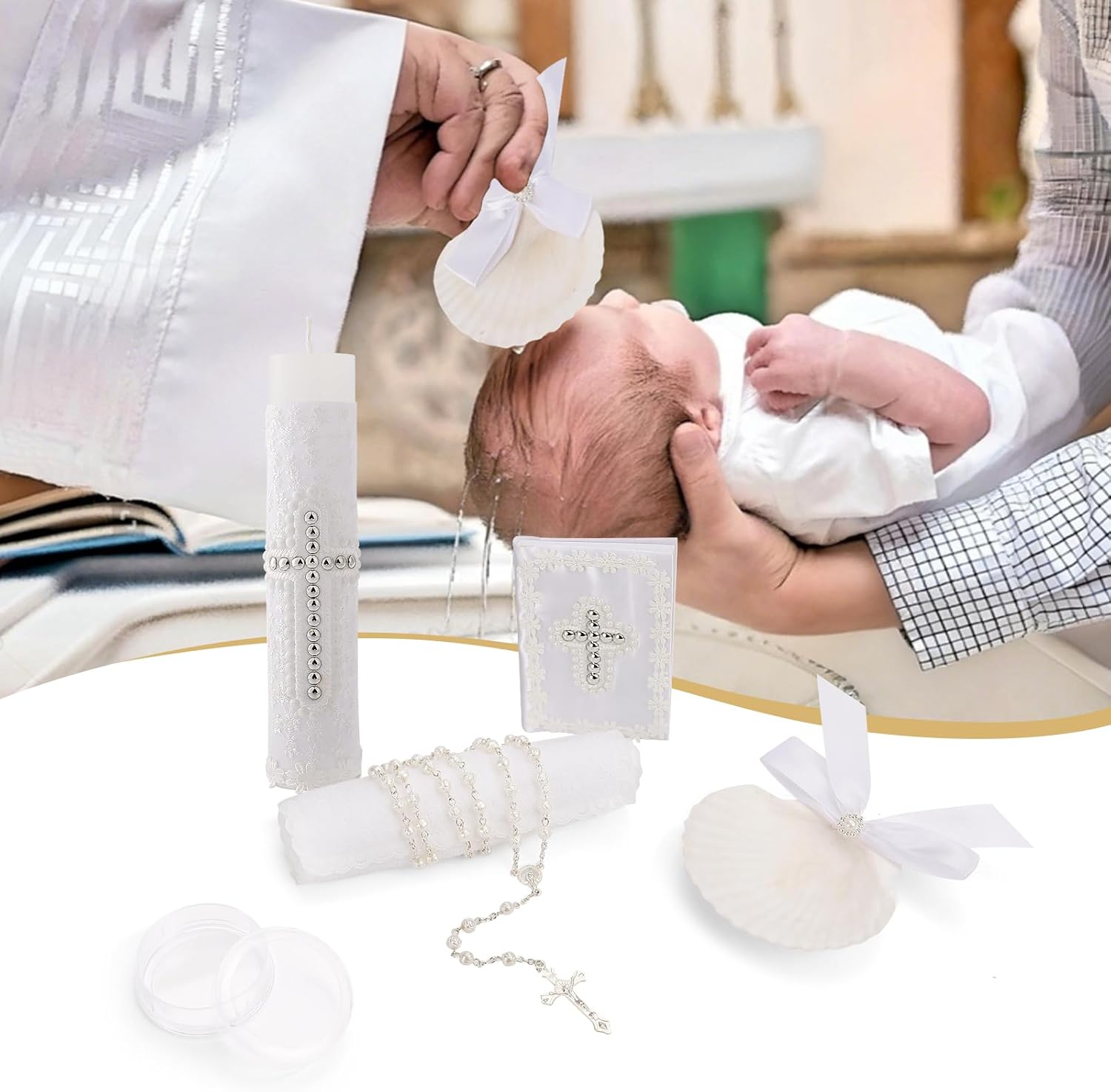 5 PCS Baptism Candle Sets for Boys and Girls,White Baptism Kit Catholic Candl,Towel,Shell,Rosary andBible for Baptismal Christening First Communion Gift,Velas para Bautizo De Niño o Niña
