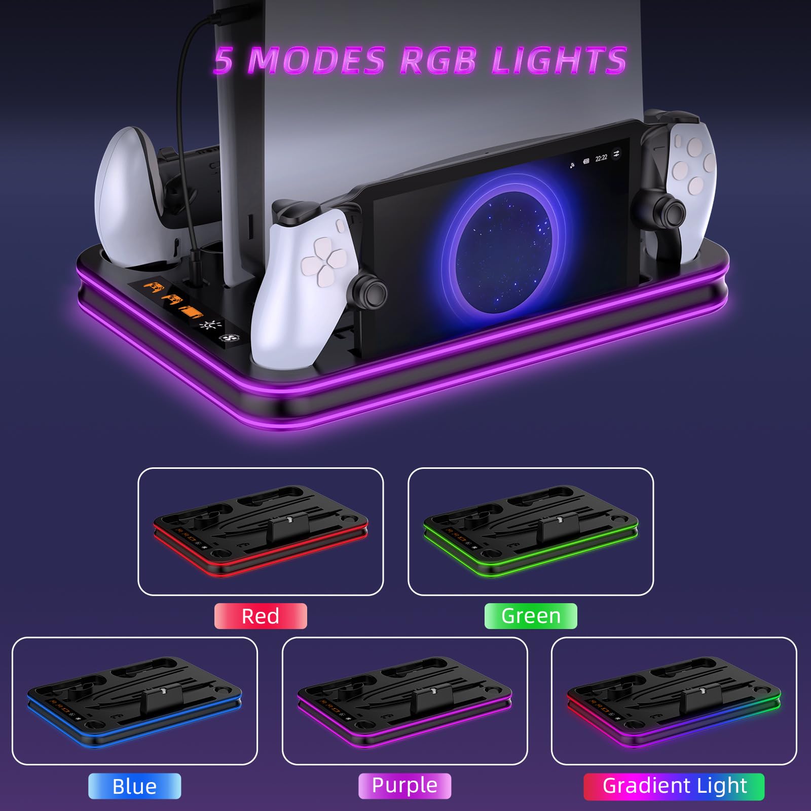 Support PS5/Slim/PS5 Pro avec PS Portal et PS5 Controller Station de Charge, Station Ventilateur de Refroidissement à 3 Niveaux lumières RGB (Noir)