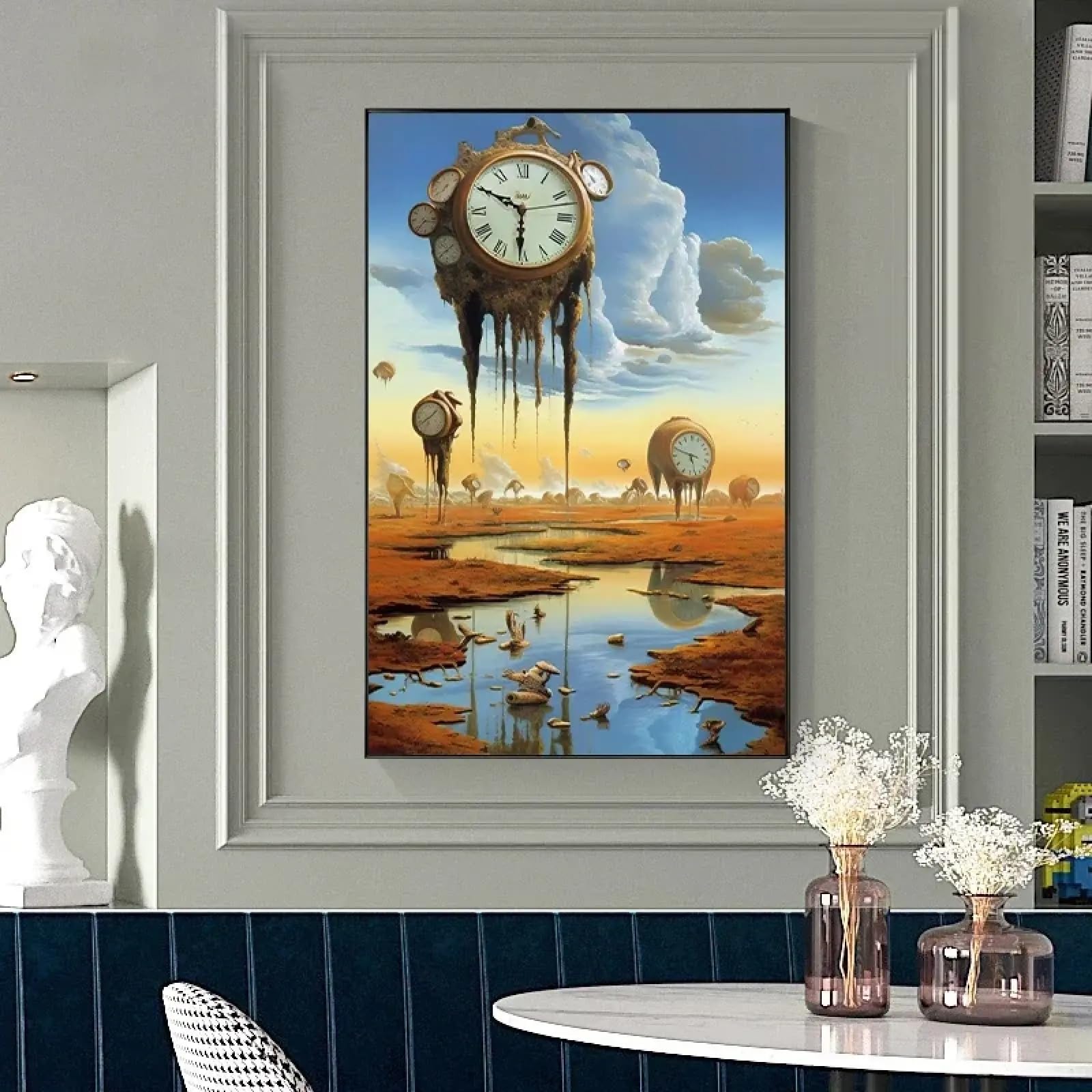Salvador Dali Classic Wall Art Prints Posters Canvas Paintings Strange Clock Abstract Wall Pictures for Living Room Decor 80x110cm(31x43in) blackframe