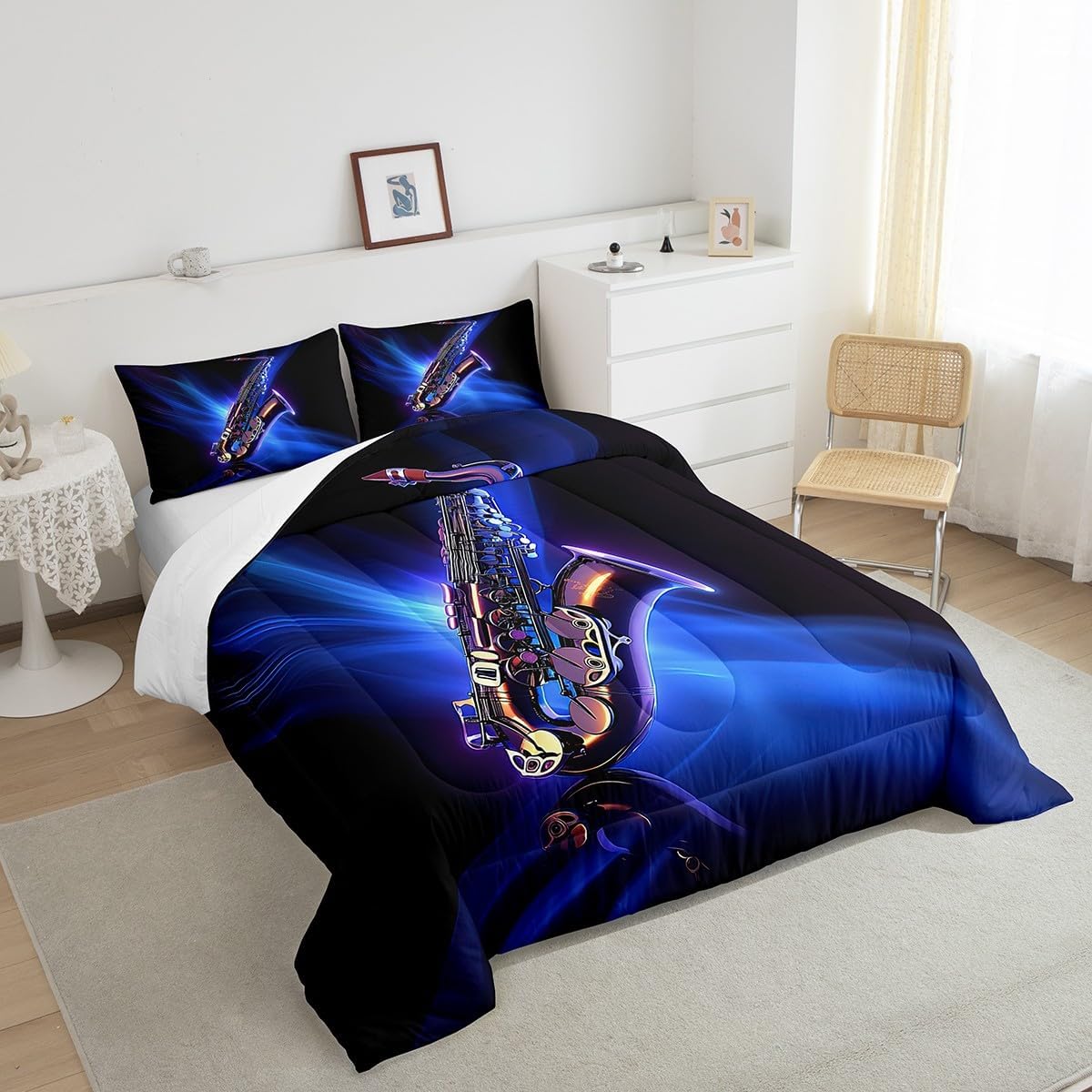 Feelyou Classic Music Beddinig Set Cool Saxophone Comforter Set for Kids Boys Girls Jazz Funky Design Comforter Musical Instrument Blue Quilt Collection 3Pcs Queen Size Boys