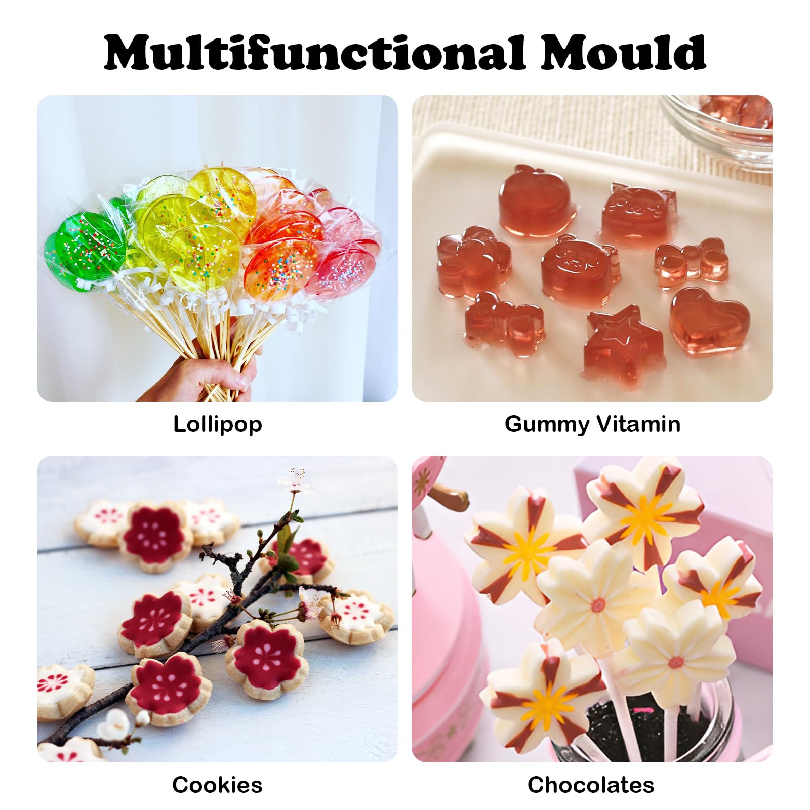 4 Pack Silicone Lollipop Molds, Chocolate Hard Candy Mold Baking Tool 8 and 12 Holes Set, Flower Mold with 100PCS Lollypop Sticks, Gold Ties, Treat Bags - Image 5