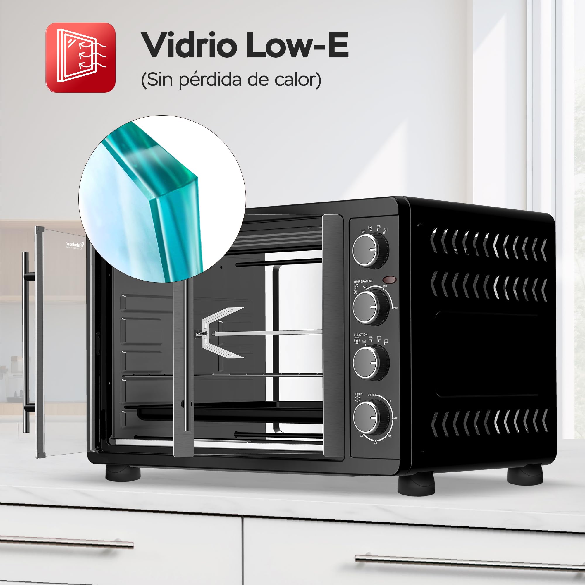 TurboTronic Mini horno con recirculación de aire 45L 2000W negro pincho giratorio temporizador