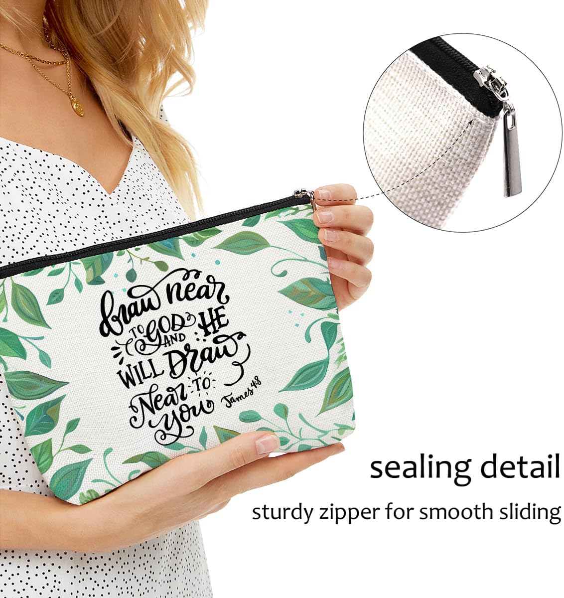 Bible Verse Makeup Bag for Women, Green Leaves Portable Travel Organizer Toiletry Cosmetic Bag with Zipper, Roomy Makeup Bags Skincare Pouches Travel Accessories, Christian Gifts - Image 6