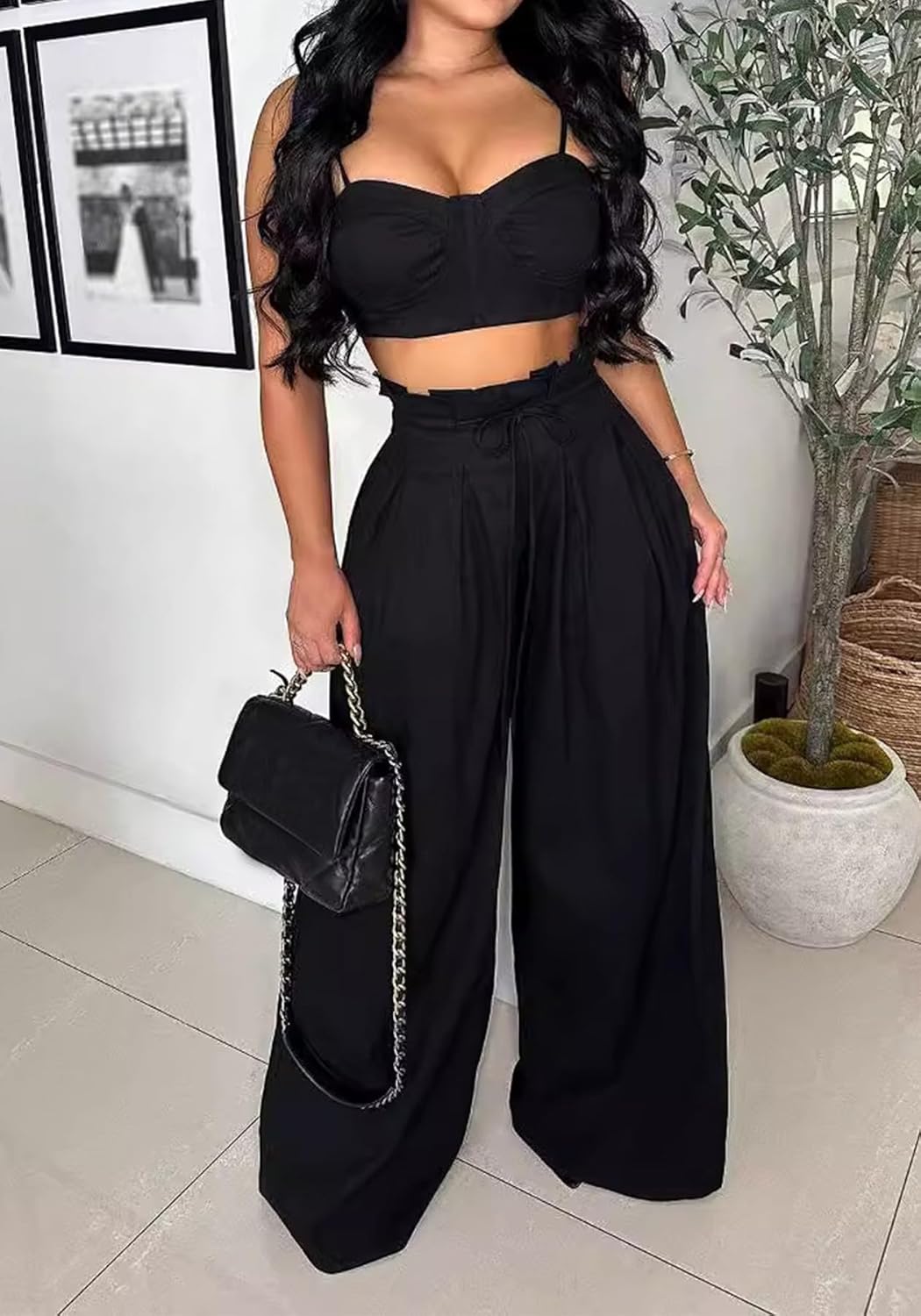 Molisry Women's 2 Piece Outfits Casual Spaghetti Strap Bra Top High Waisted Long Straight Wide Leg Pants Lounge Sets Fall - Image 2