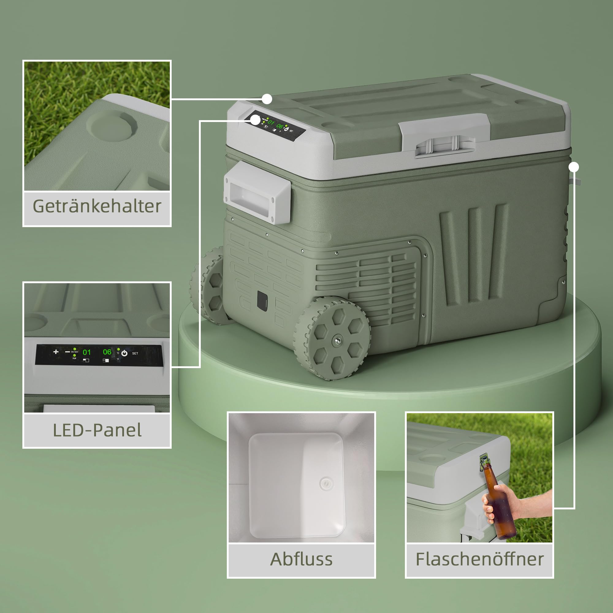 Outsunny 33 Liter Kompressor Kühlbox Leiser Elektrisch bis -20℃ Rolle Grün | Mini Kühlschrank, Kühlbox mit LED, Kühlfunktion, Gefrierbox, Thermobox, 12/230 Volt, für Auto LKW Camping Boot Reisen