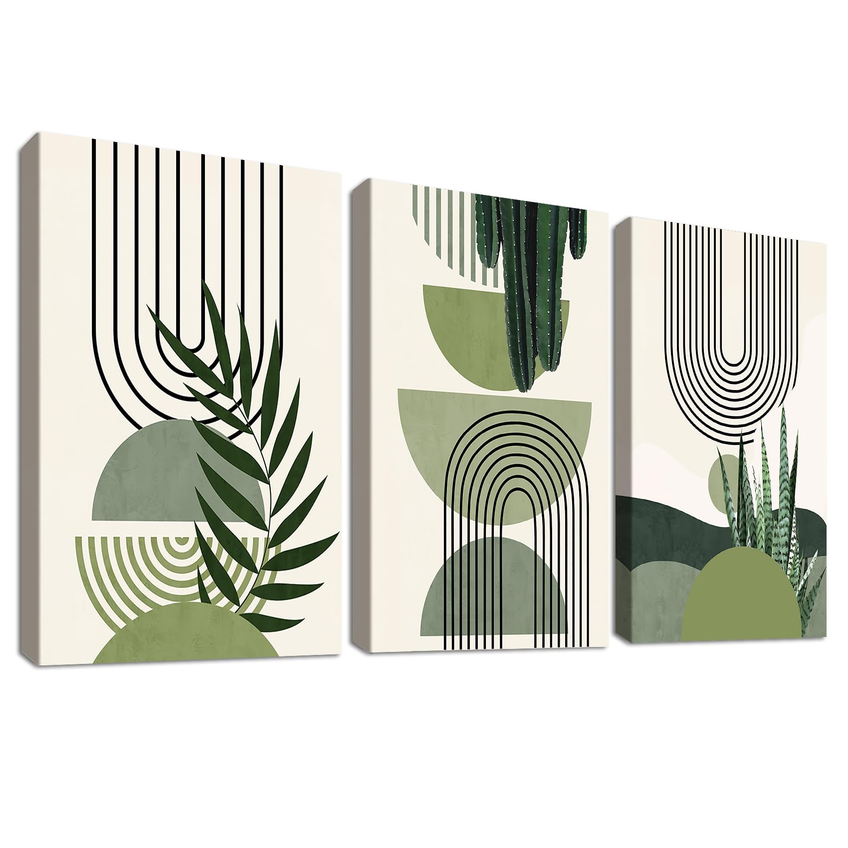 3 Pcs Abstracto Botánico hoja verde Marco de madera Cuadro Moderno Línea Geométrica Hoja Beige Verde Lienzo decorativos Pintura Imagen cuadros decoracion salon dormitorios baño Pasillo 30cmx40cmx3