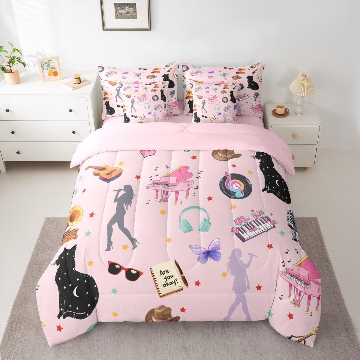 Erosebridal 7Pcs White Pink Bedding Sets Queen Fashion Music Themed Comforter Set Disco Ball Piano Bed in A Bag for Women Girls Butterfly Cat Animals Quilt with Flat Fitted Sheet Modern Style Decor