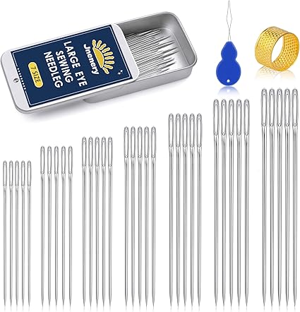 35 Pcs Large Eye Sewing Needles, 7 Size Sewing Sharp Needles for Handsewing, Leather Embroidery Thread Needle, Stainless Steel Yarn Knitting Needle with Threader, Thimble for Crafts, Repair, Quilting