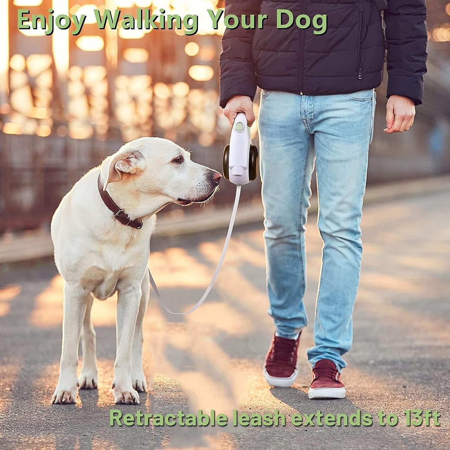 Cavo Retrattile per Cani 5 in 1, Guinzaglio Estraibile 4M per Cane Grande Medio Piccolo Fino a 50kg con Ciotola, Torcia, Sacchetti per Feci, Blocco e Freno a Un, Green
