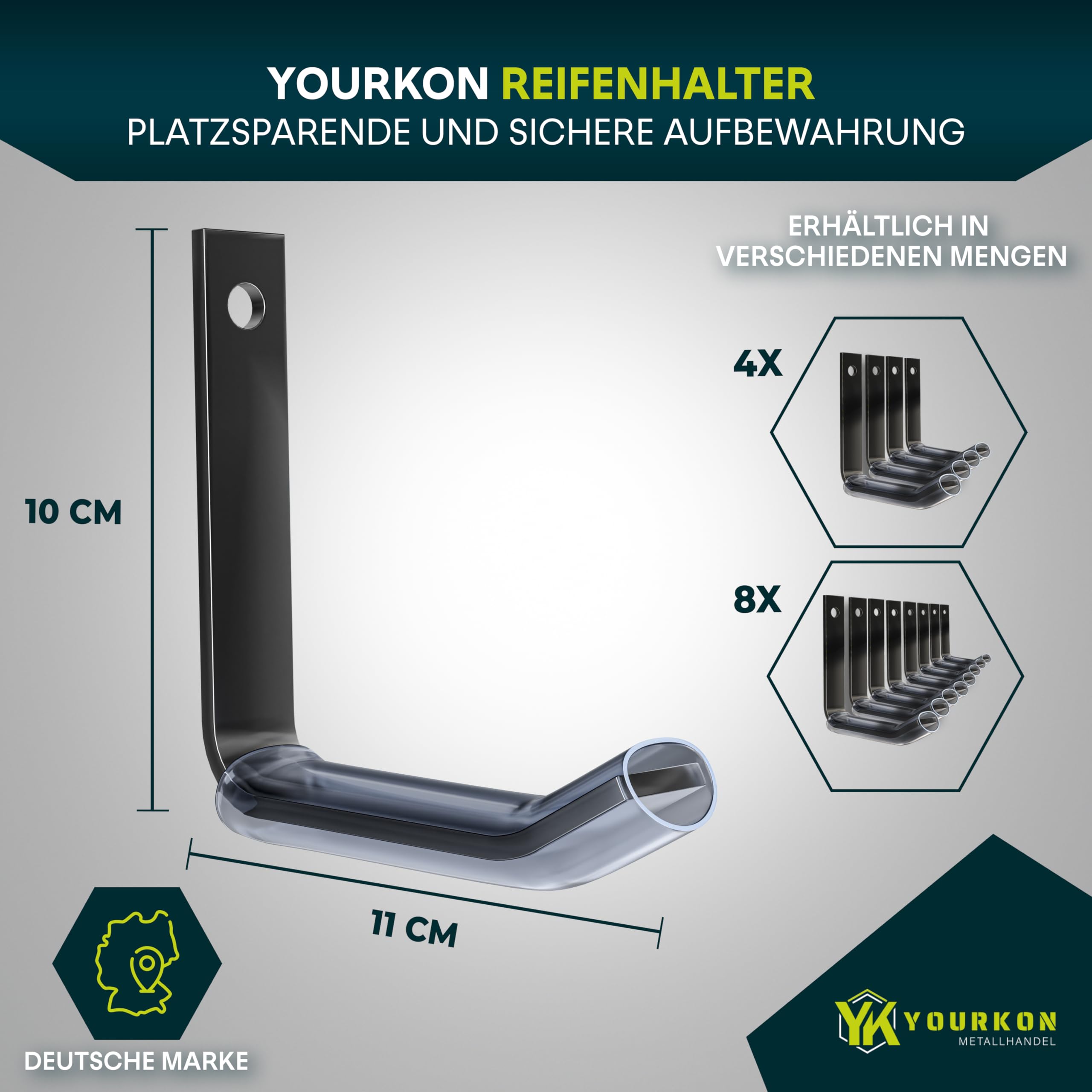 Yourkon WandFix: Reifen- und Felgenhalter 4er Set Platzsparende Wandhalterung für Reifen Tragfähigkeit bis 25KG inklusive Montagematerial
