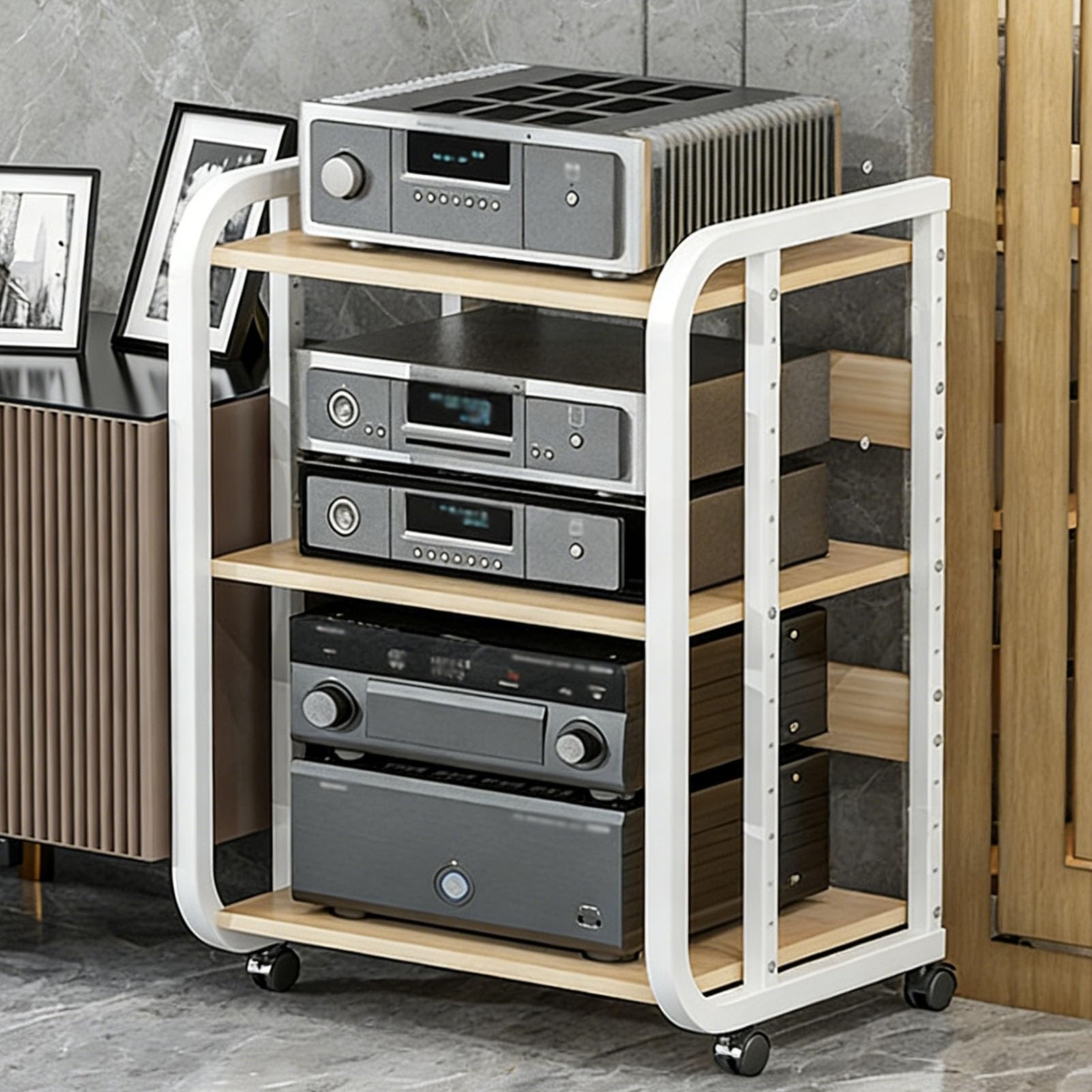 Soporte móvil de audio y video con estantes regulables y ruedas para el orden del hogar