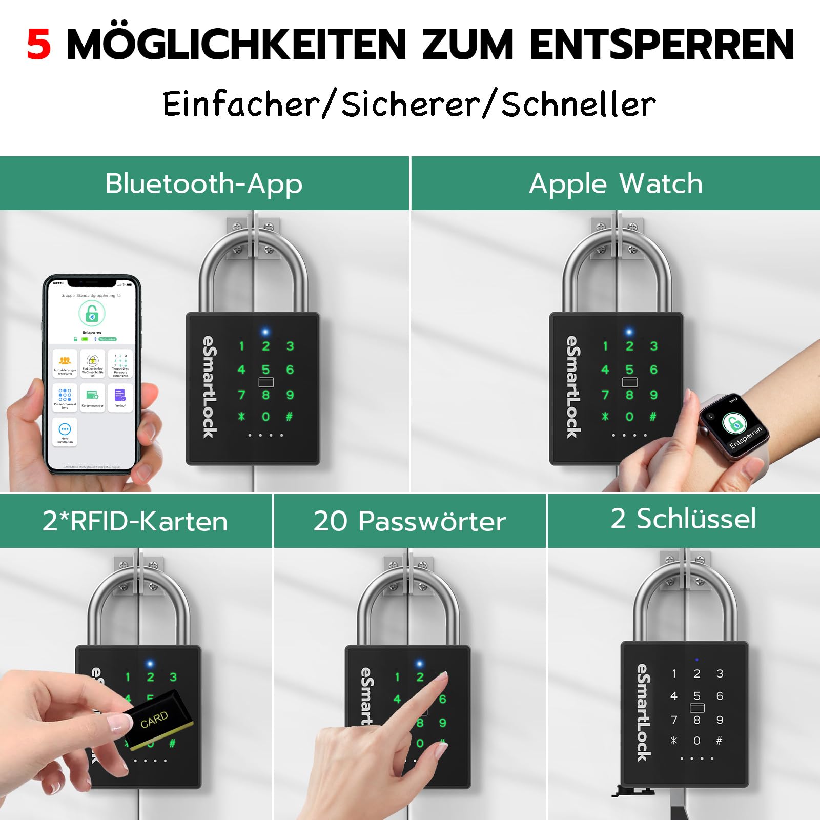 Eseesmart Smart Zahlenschloss Vorhängeschloss, Bluetooth Schloss mit Zahlencode RFID, Wetterfestes Groß Vorhängeschloss mit Schlüssel IP68 Outdoor Elektrisch Smart Lock für Tür Garten Keller Spind