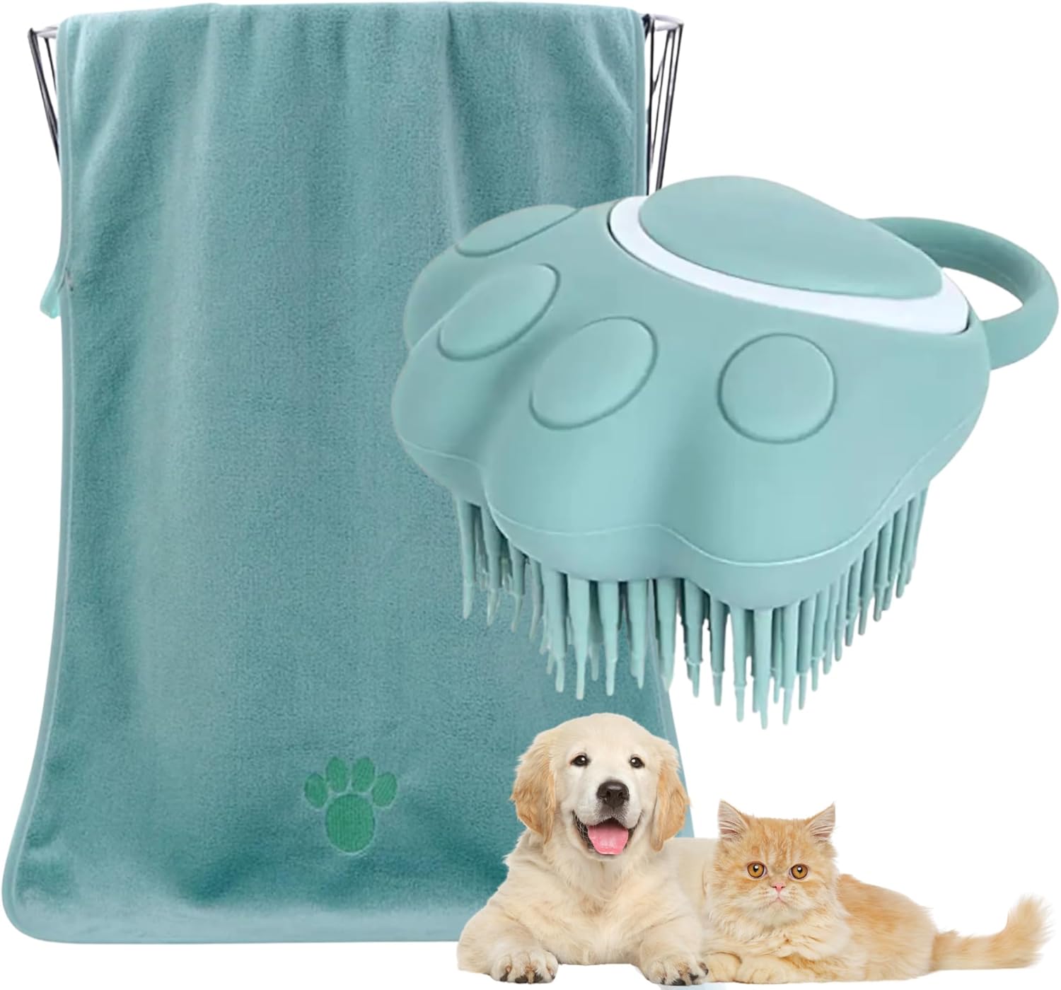 2 in 1 Pet Grooming Kit | Bath Brush with Shampoo Tank | Absorbent Towel 75 x 35 cm | Green, Microfiber and Silicone | Cleaning, Drying and Massage for Dogs and Cats 2