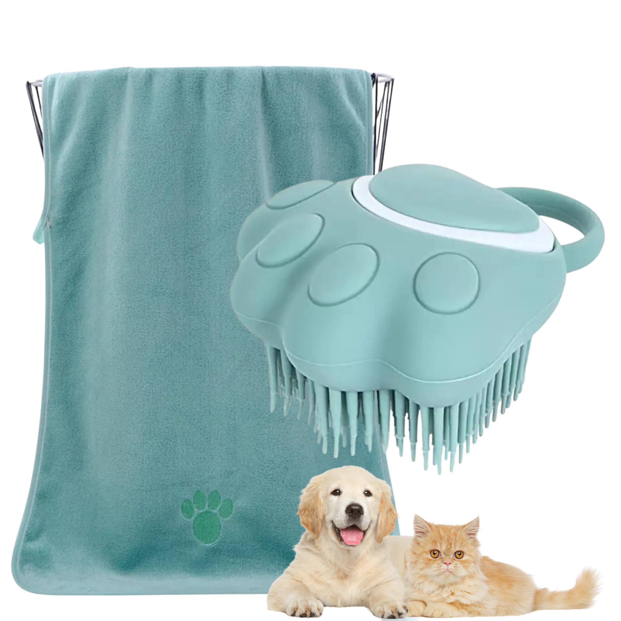 Kit de Aseo para Mascotas 2 en 1 – Toalla Suave y Absorbente + Cepillo de Silicona con Depósito Champú (Turquesa)