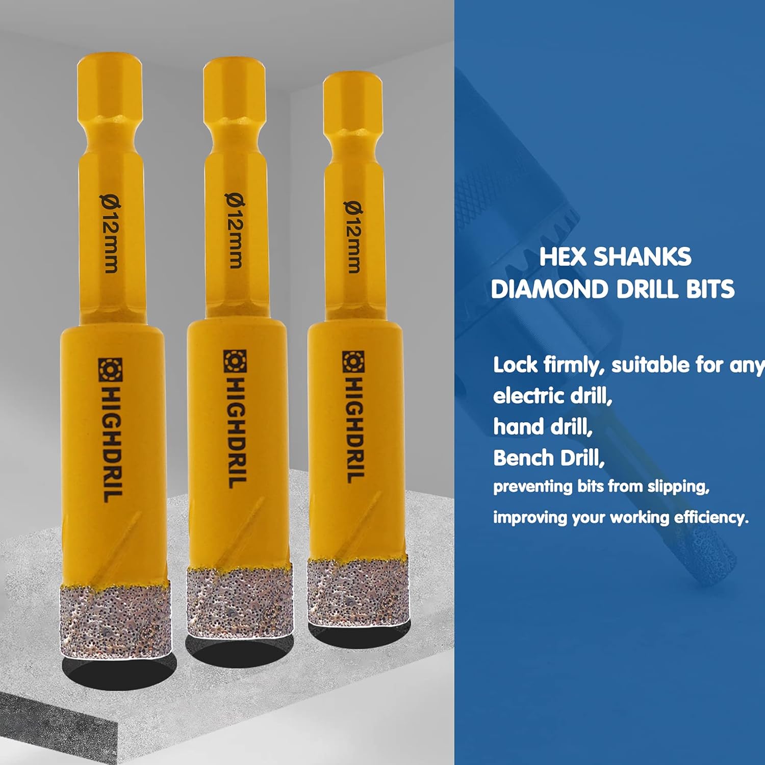 HIGHDRIL Dry Diamond Drill Bits 5Pcs 12mm 1/2" with Quick-fit Hex Shank for Granite Marble Porcelain Tile Ceramic