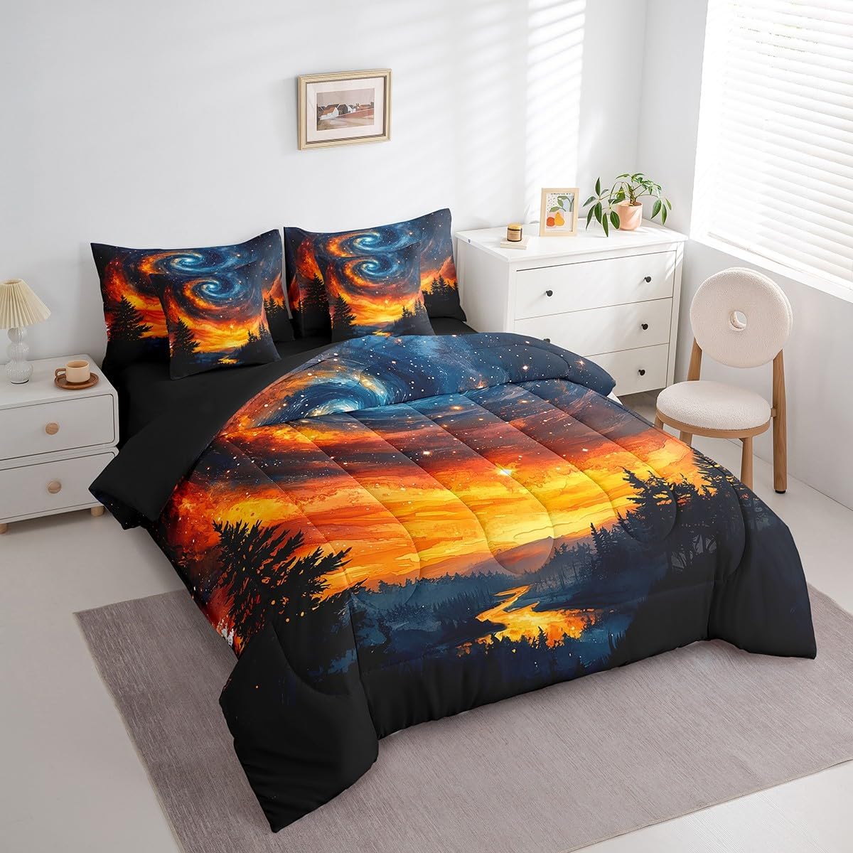 Erosebridal 7 Piece Orange Blue Galaxy Queen Comforter Set with Sheets,Universe Outer Space Bedding Set for Boys Girls Kids Room Decor,Forest Pine Tree Mountain Bed Set with Pillowcases