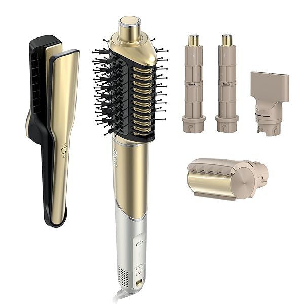 Shark Glam Ceramic & Powerful Air Styling & Drying System, with Silki Straightener & Shark Glossi Air Glosser, for Drying, Curling, Straightening & Glossing, Gold, HD6051S (Straight & Wavy Hair)