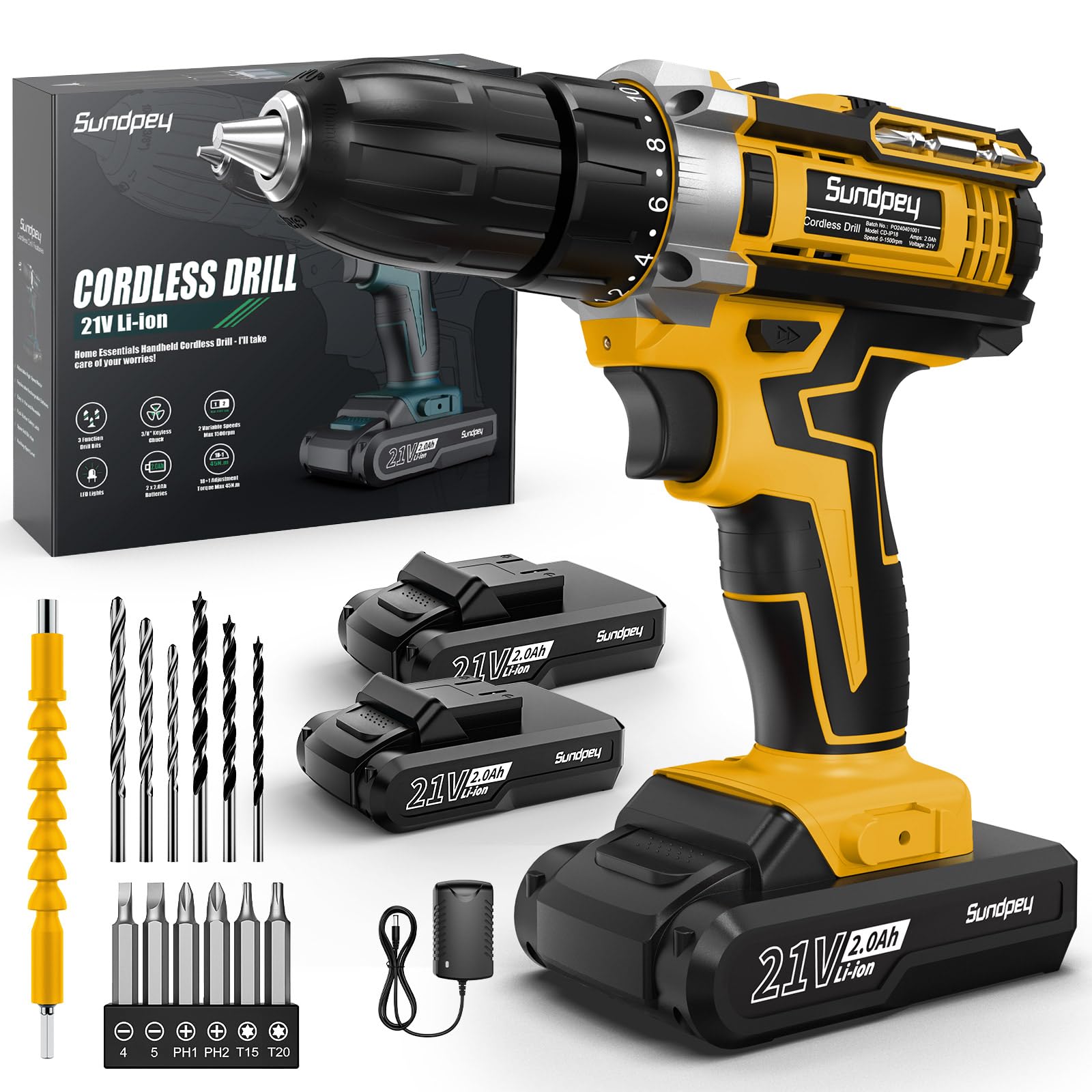 Sundpey Taladro Atornillador Bateria 21V - 45N.m Max Taladro Atornillador Electrico Inalámbrico con 2 Baterías de 2.0Ah, 18+1 Ajuste de Par, 2 Velocidad, Portabrocas de 10mm, LED para Hogar, Bricolaje
