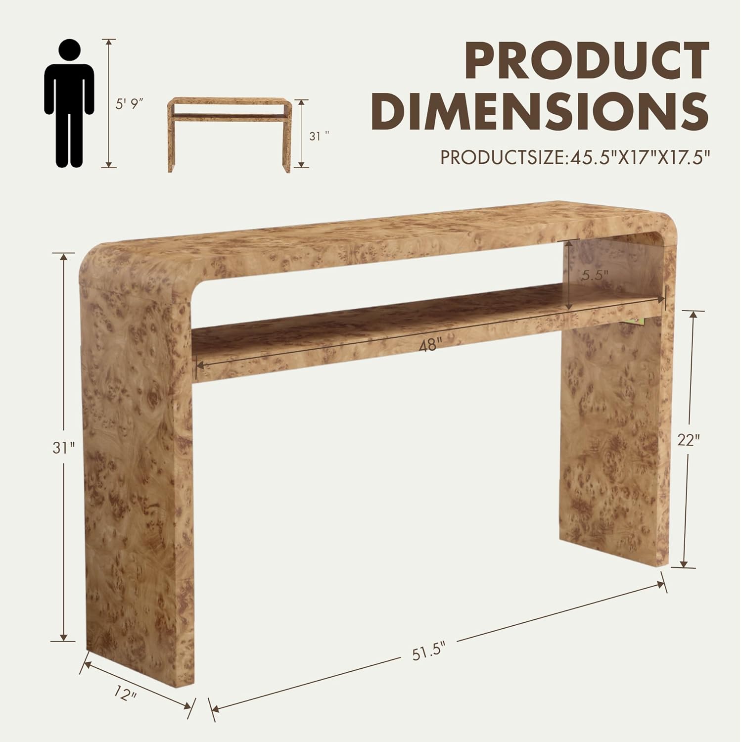 Hyfirm 51 Inch Long Rustic Burl Wooden Pattern Console Table, Farmhouse Sofa Table Behind Couch, 30” Tall Entryway Tables with Lower Shelf, Mid-Century Hallway Console for Living Room, Foyer, Cabin