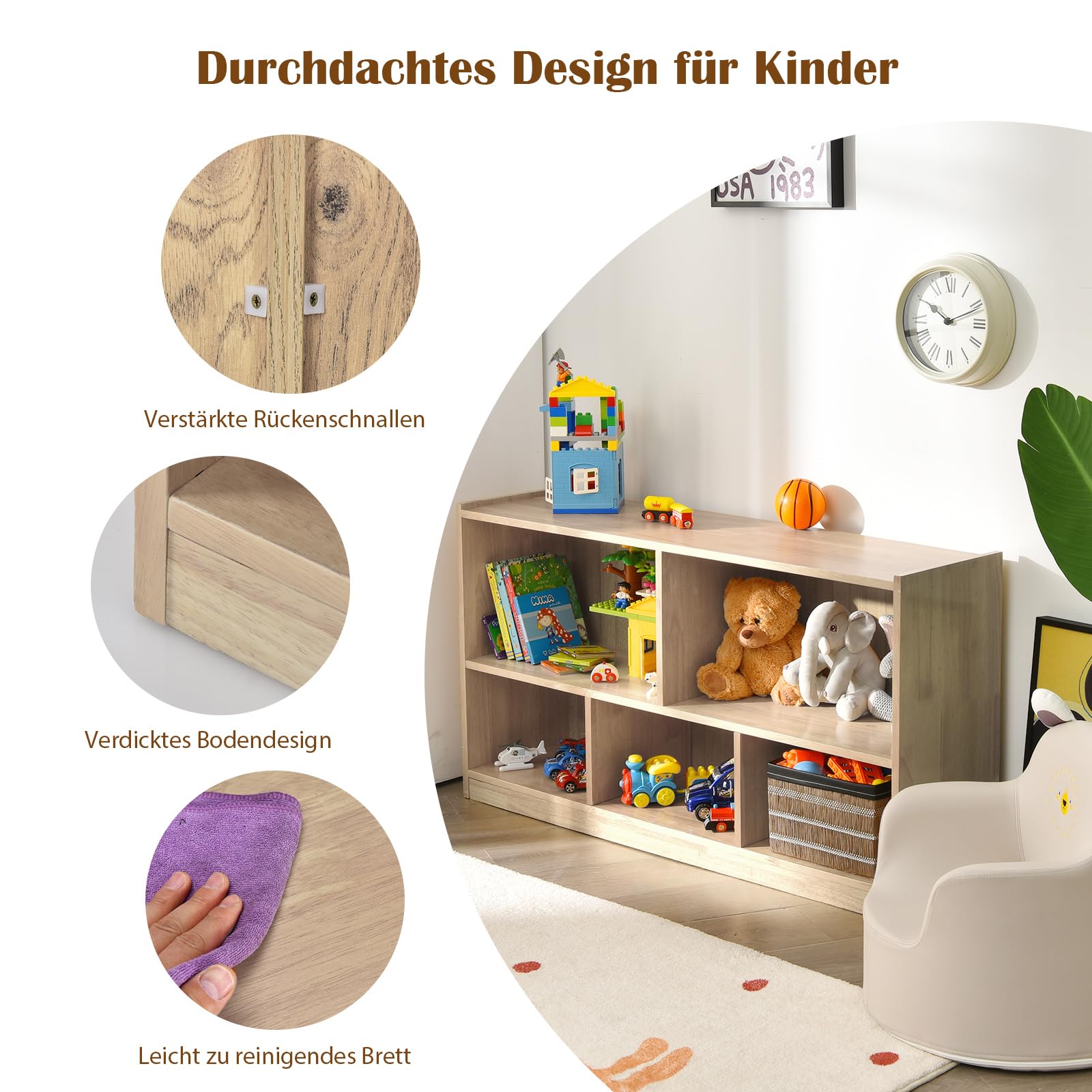 COSTWAY Kinderrek, met 2 grote vakken en 3 kleine vakken, open, voor speelgoed, poppen en boeken, 111 x 30 x 61,5 cm, wit