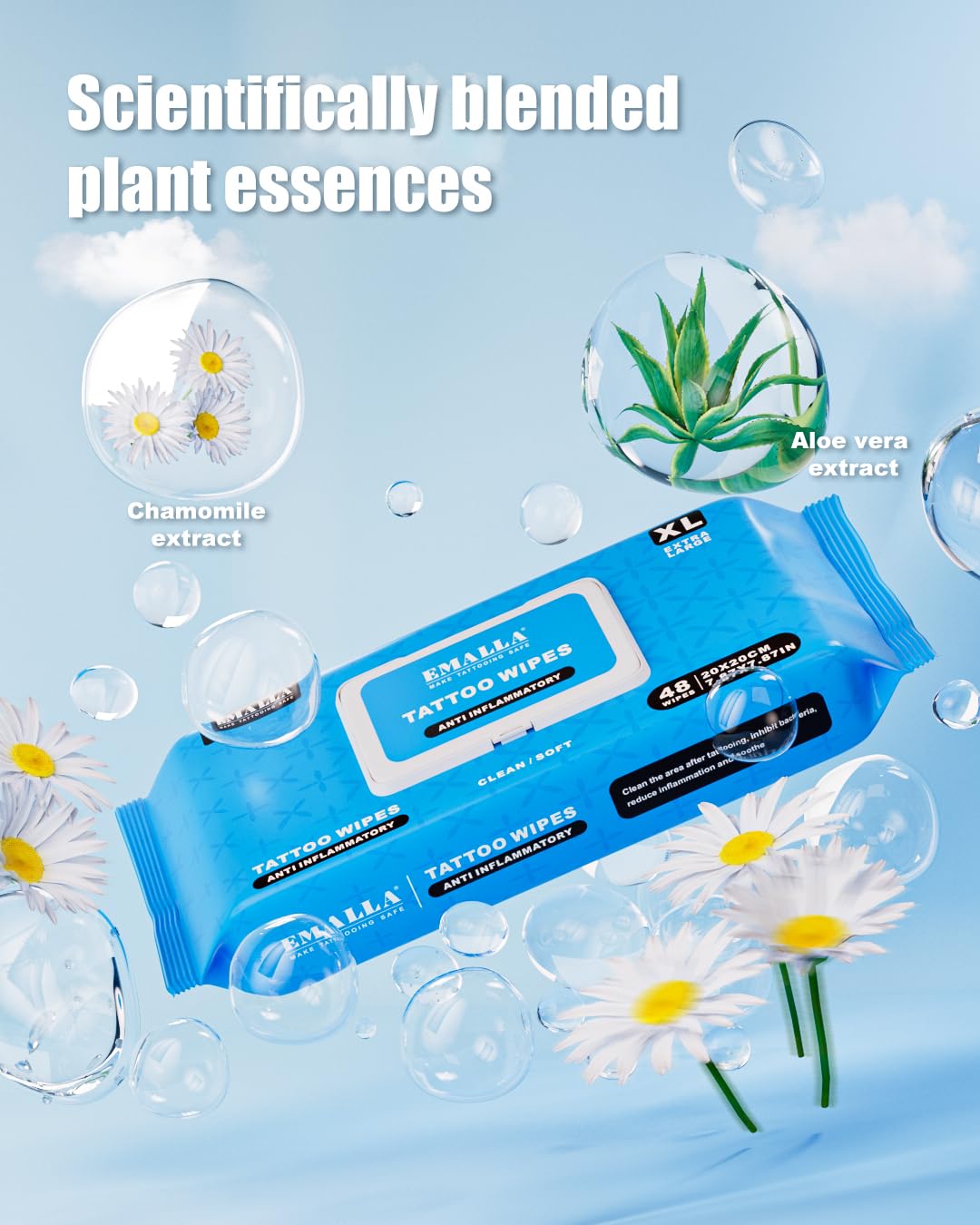 EMALLA Cleansing Sea Salt Tattoo Wipes 2 pack (48-count) Alcohol-Free Plant Fiber Tattoo Aftercare Supplies for Ink Wipe Skin Care Tattooing - Image 4