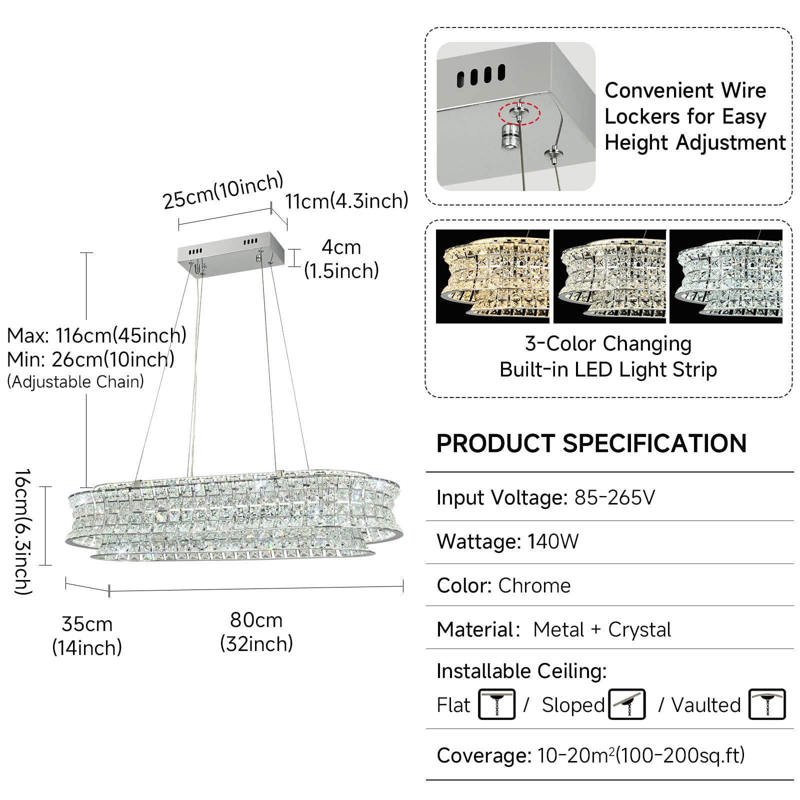 Lampadario moderno di cristallo per il soggiorno, luci a sospensione a LED cromate, lampada a sospensione ovale di cristallo per soggiorno, sala da pranzo, ristorante, 80 x 35cm