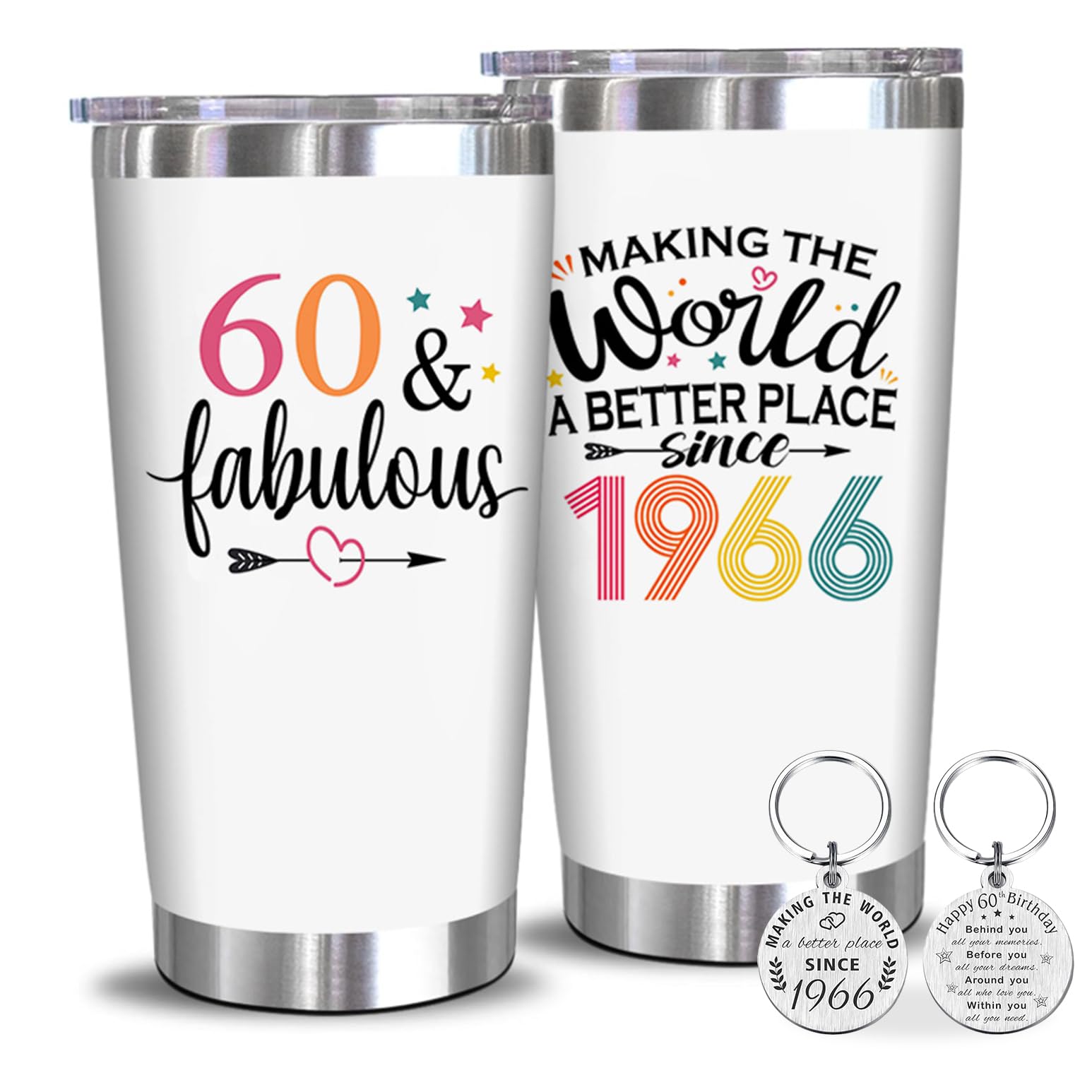 60th Tumbler 20oz with Key Chain Father‘s Day Idear Gift, 60th Birthday Gifts Men - 1966 60th Birthday Decorations for Women-60 Year Old Gifts for Men, Women, Mom, Dad, Wife, Husband - 20oz Tumbler