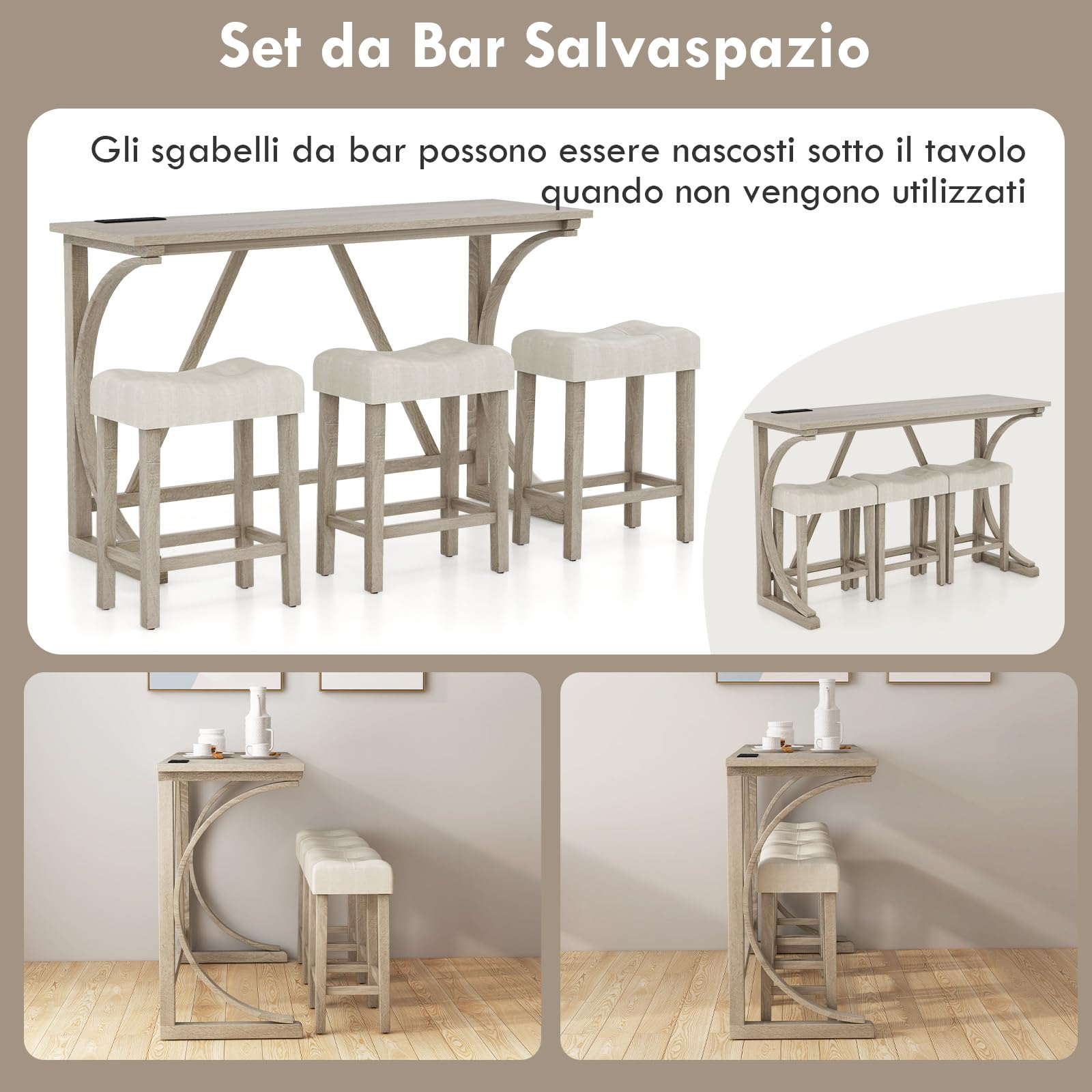 RELAX4LIFE Set di Tavolo e 3 Sgabelli da Bar, Tavolo da Pranzo in Legno di Gomma con Stazione di Ricarica Integrata, Stile Fattoria, Set di Tavolo da Pranzo, 150x48x92cm