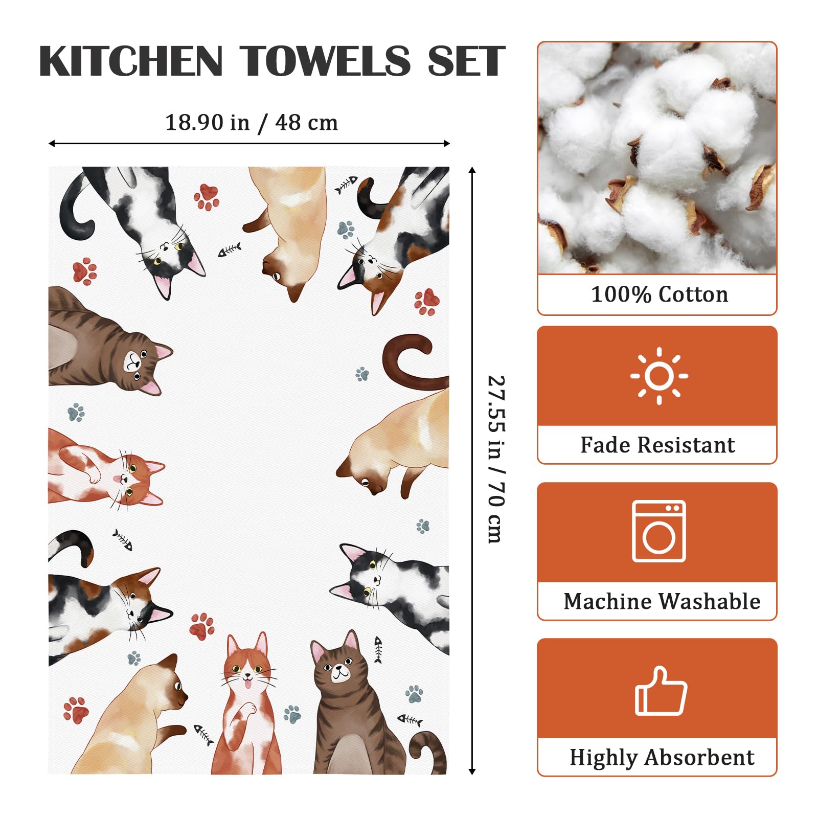 Strofinacci Da Cucina Cotone Set Di 4, Panni Da Cucina In 100% Cotone Multiuso Morbidi E Assorbenti Strofinacci Canovaccio Cucina Strofinacci Da Bar(48 x 70CM, Gatto Dei Cartoni Animati)