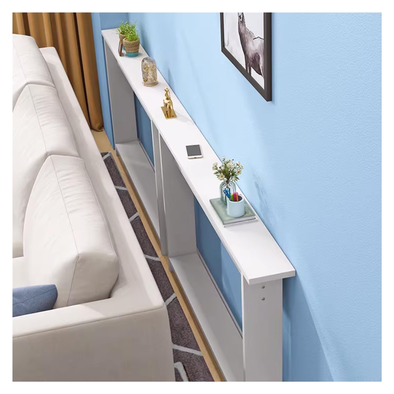 Estante de almacenamiento estrecho extra largo para sofá, impermeable, resistente a los arañazos, mesa de sala y soporte para plantas para decoración agradable, maximiza el espacio y solución versátil