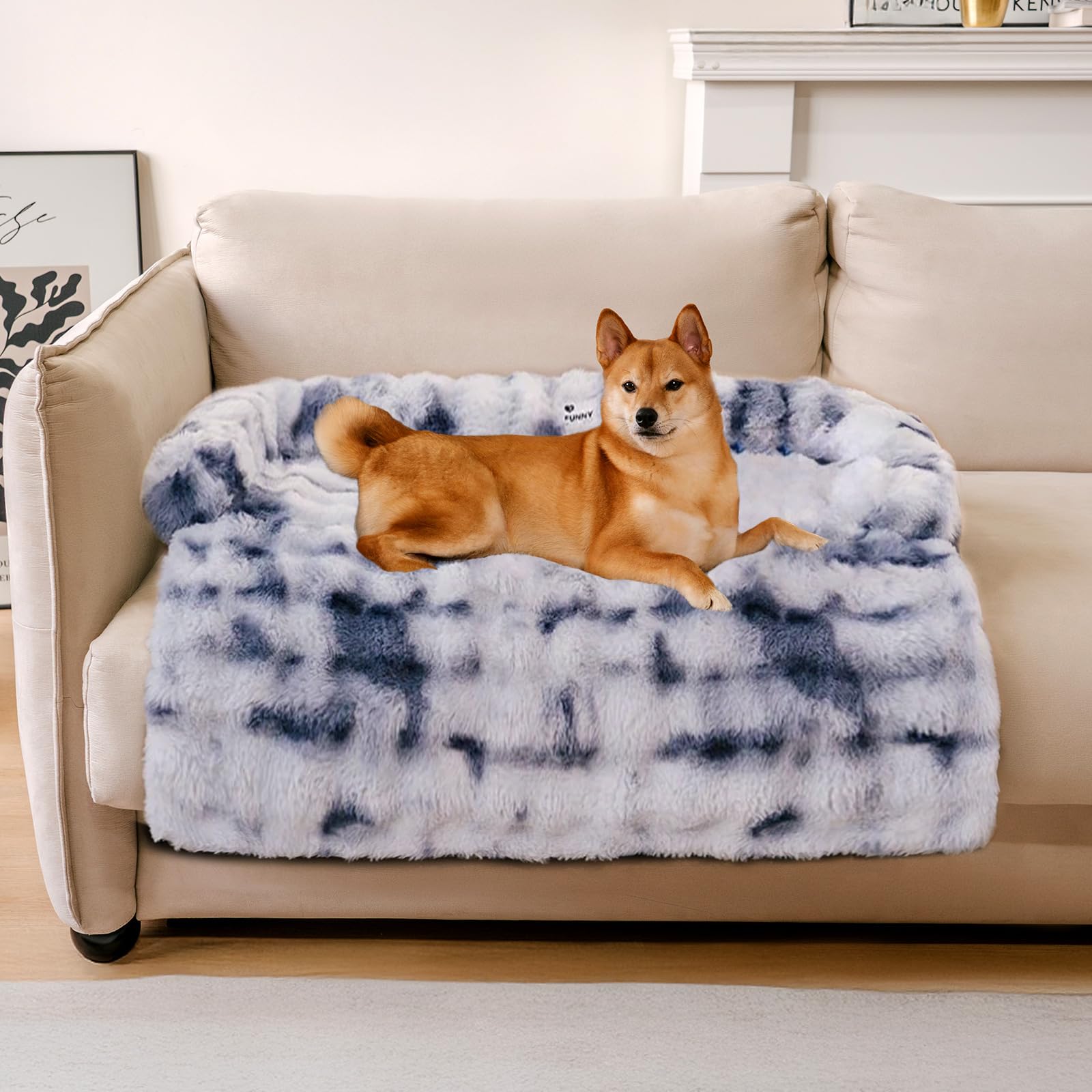 FUNNY FUZZY Pet Fluffy Fuzzy Couch Cover, Calming Washable Dog Bed Sofa Protector Pets Mat for Small Medium Dogs and Cats (Tie-dye Blue,33.45 × 28.35